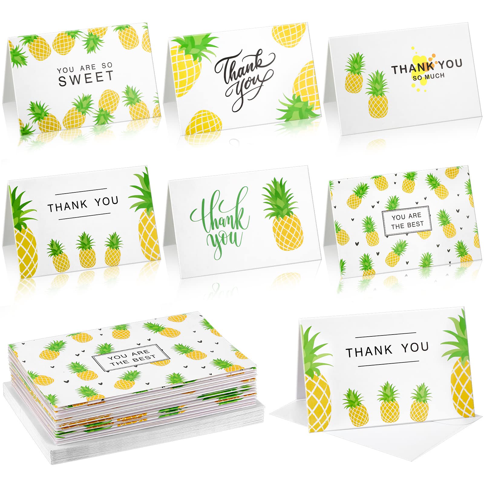 48 Pcs 4 x 6 Inch Pineapple Thank You Cards Bulk with White Envelopes Set Tropical Pineapple Greeting Cards Watercolor Blank Assorted Thank You Notes