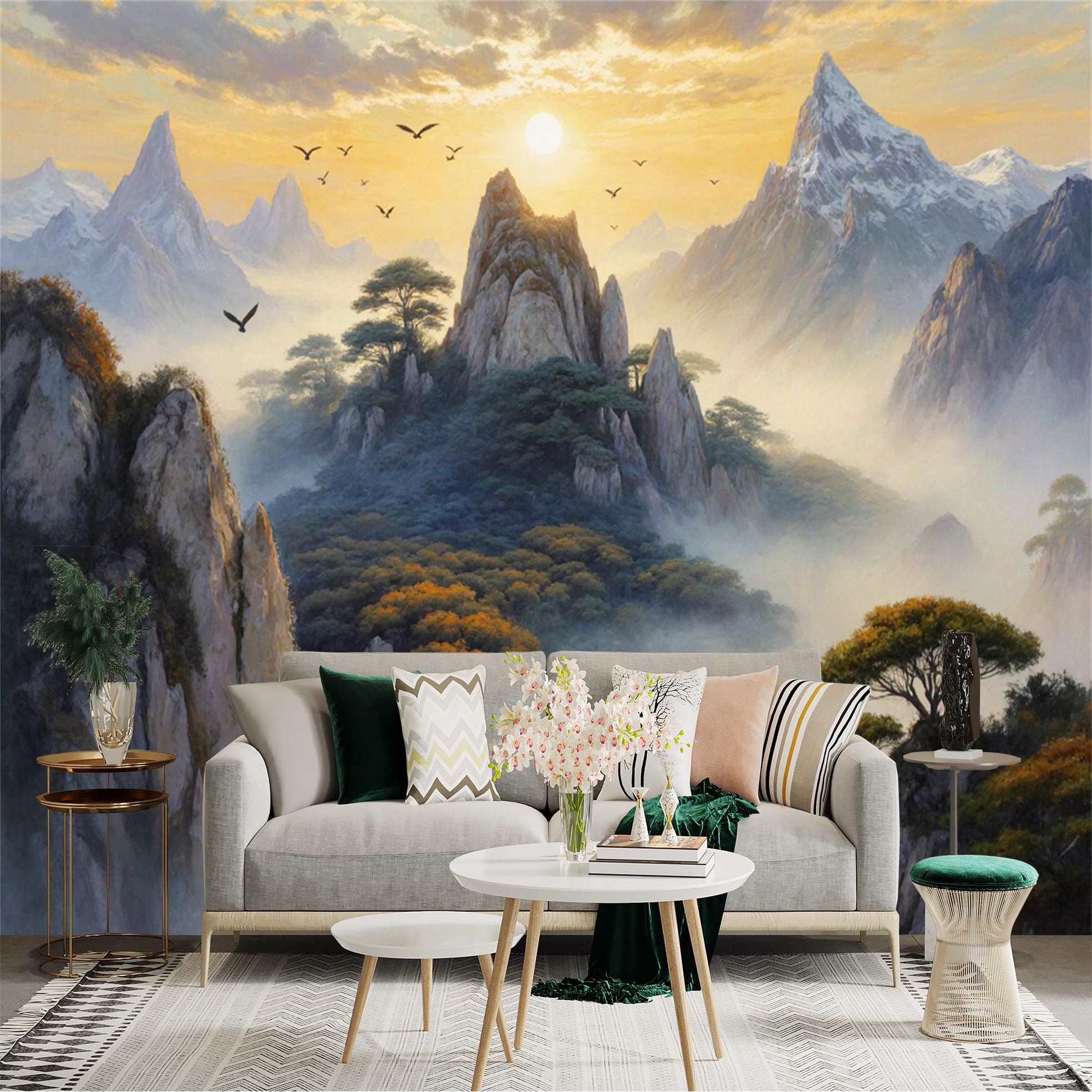 Lnzczhyre Xc260505939 Custom Size Wall Sticker Mural， Majestic Golden Mountains At Sunrise， Misty Peaks With Flying Birds， Serene Oriental Landscape， For Wall Decoration， Peelandstick Wall Decals.