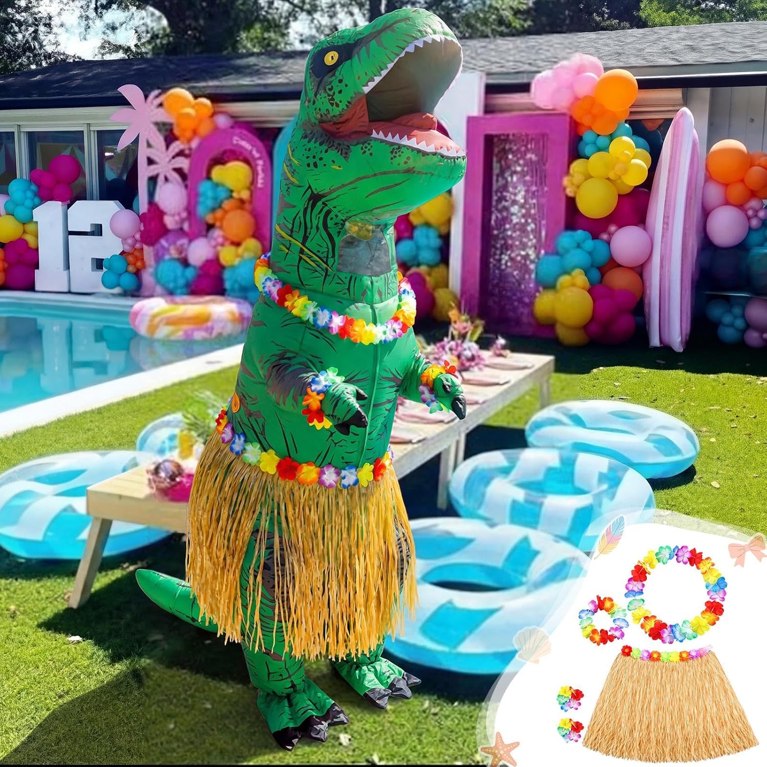 Skicuff 5 Pcs Summer Inflatable Dinosaur Costume Accessories Set Summer Hawaiian Party Decor(Dinosaur Costume Not Included)