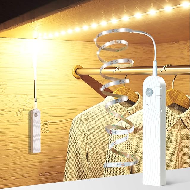 Sensky Motion Sensor LED Strip Lights Rechargeable Motion Activated Light Strip Dimmable Strip Light for Cabinet, Wardrobe, Cupboard, Hallway, Stairs(2M, Warm White)