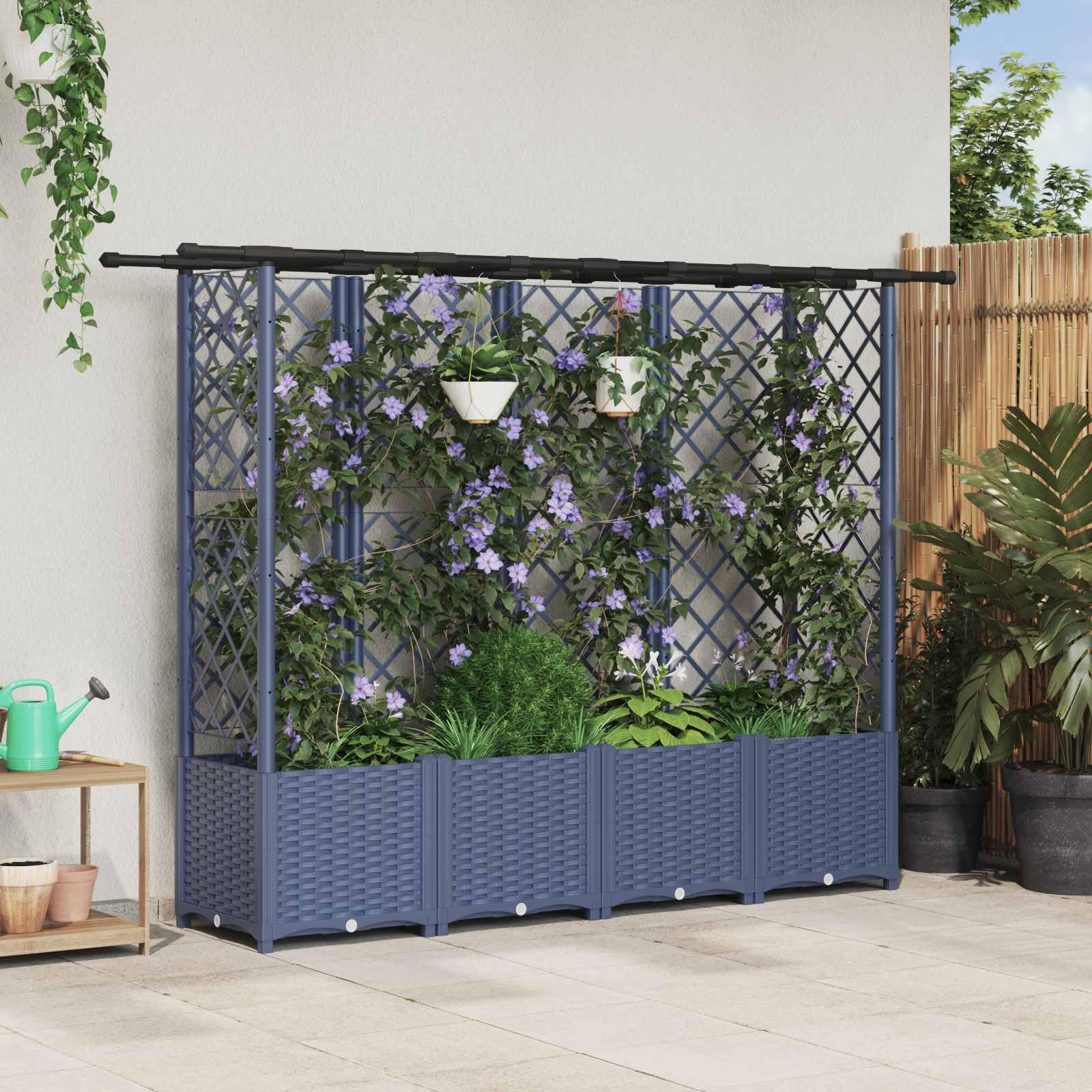 Szara podwyższona grządka z kratką dla roślin pnących i dachem z polipropylenu, donica na rośliny na balkon i taras, 202 x 40 x 136 cm, odporna na warunki atmosferyczne, ze zbiornikiem