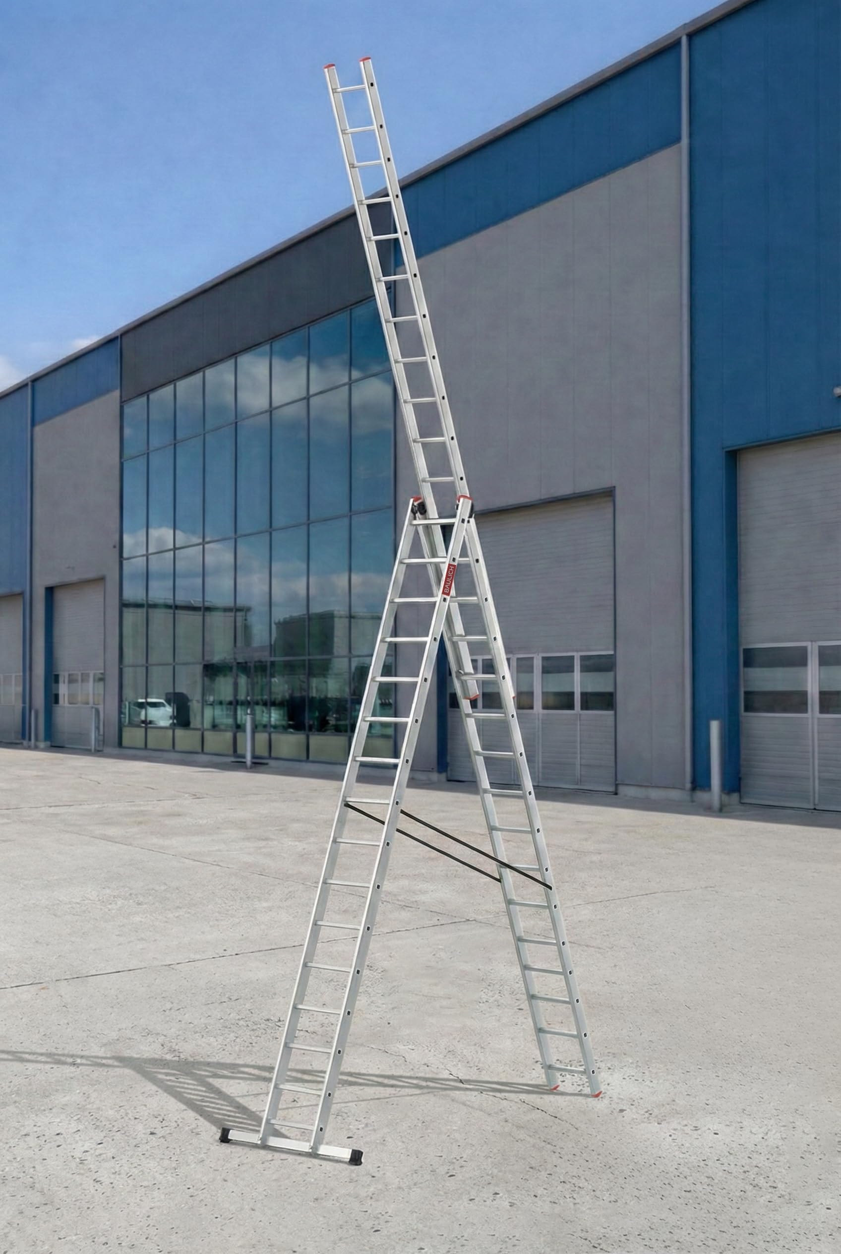 Drabina aluminiowa wielofunkcyjna 3w1 – przystawna, rozstawna i schodkowa, 16 szczebli, 3-segmentowa, profesjonalna, do domu, remontów i budowy, ze stabilizatorem, srebrna