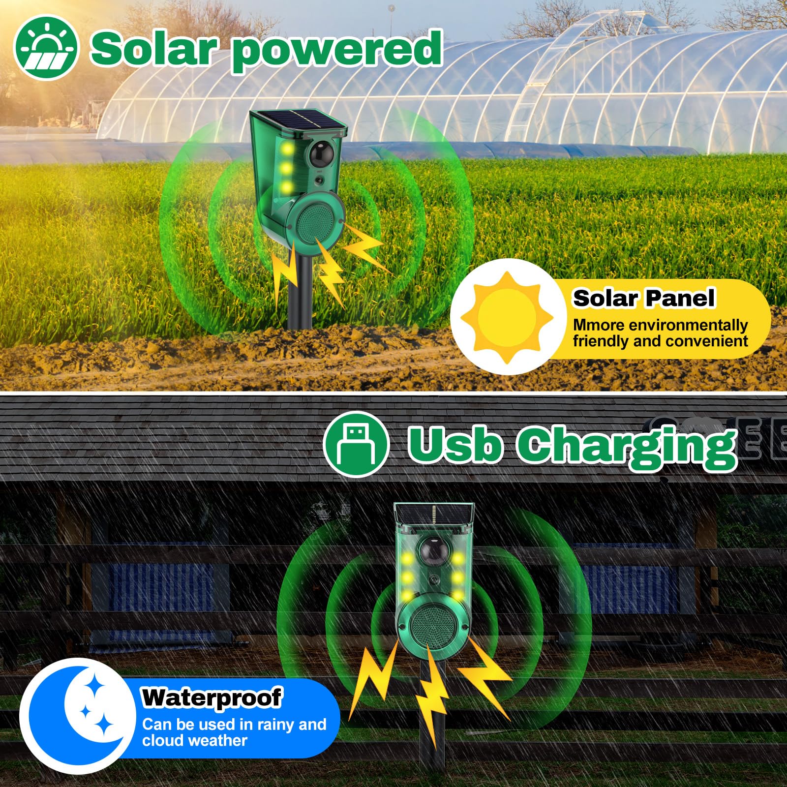 Paquete de 4 alarmas solares con sensor de movimiento ultrasónico para exteriores con estaca, ultrasonido Woking de 4 modos y alarmas de ruido fuerte de 129 db, detector de movimiento con