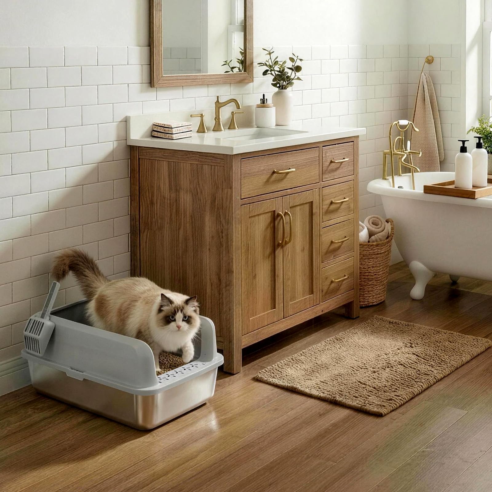 Lifewit Große Katzenklo Edelstahl mit Schaufel, Offene Katzentoilette mit hohem Rand für Mittelgroße und Große Katzen, Geruchsarm Katzen Klo, Cat Litter Box, leicht zu reinigen, 58x37x26cm, Grau
