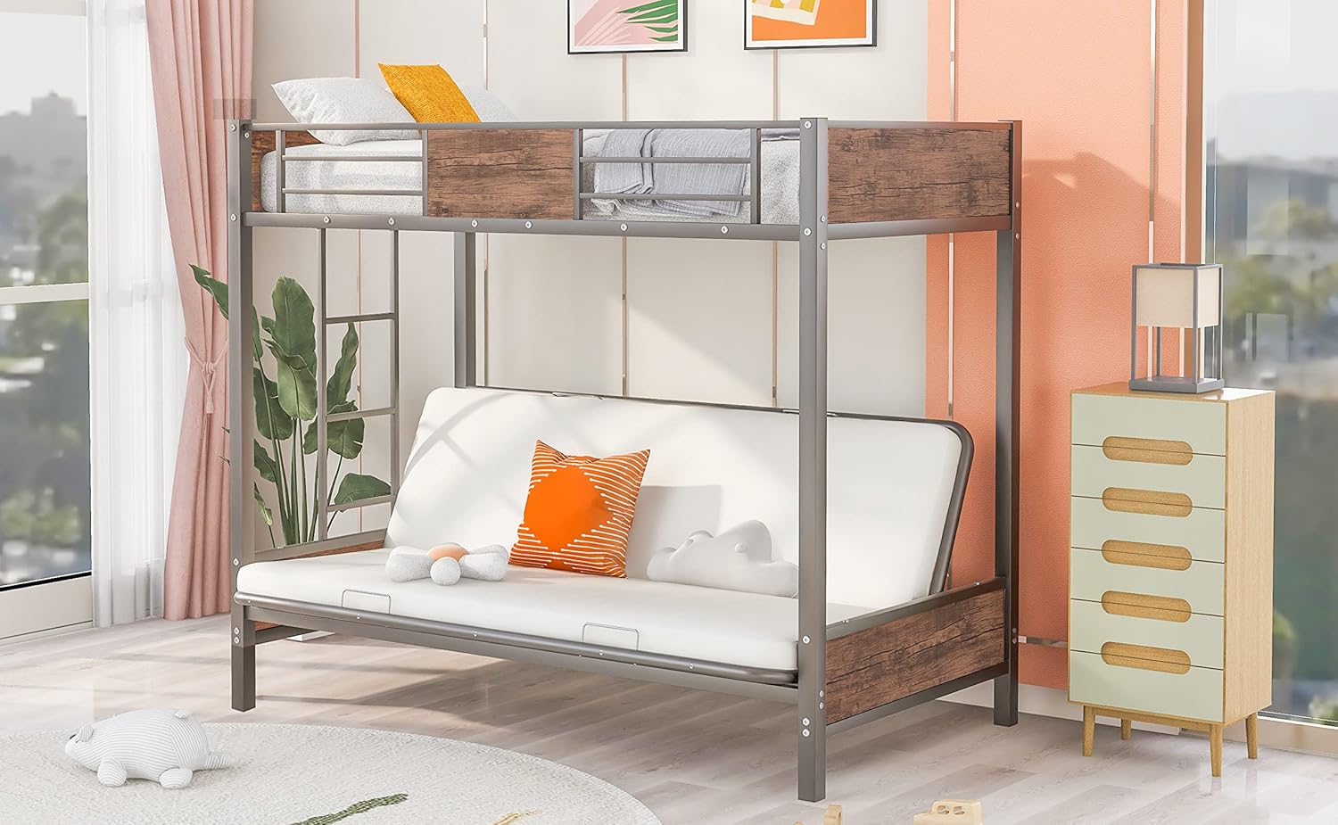 Twin-Over-Futon Bunk Bed, Metal Futon Bunk Bed Frame with Guardrails and Ladder(Gray)