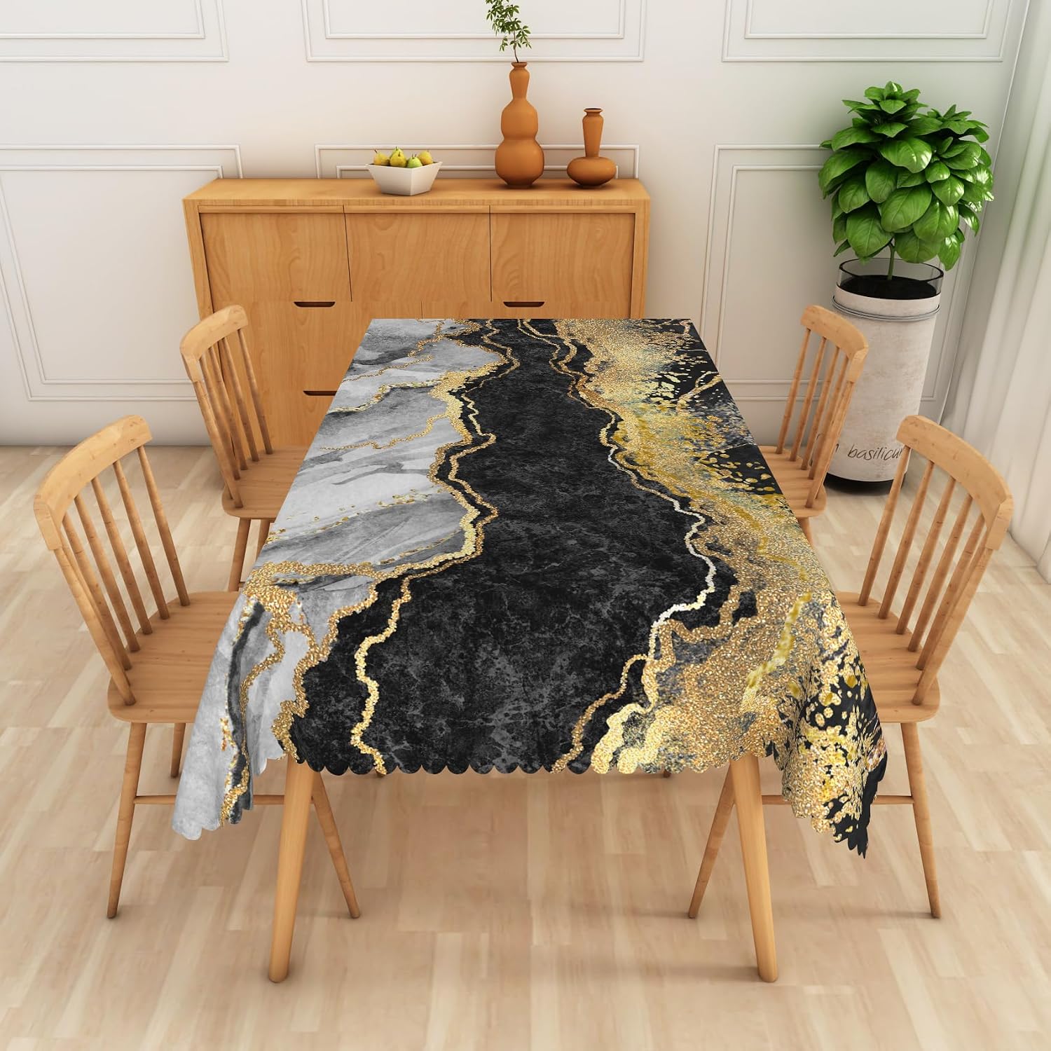 Black and Gold Marble Tablecloth, 52x70 Inch Modern Luxury Abstract Ink Art Rectangle Waterproof Polyester Fabric Table Cloth,Washable Table Cover for Kitchen Birthday Wedding Party Decor image 3