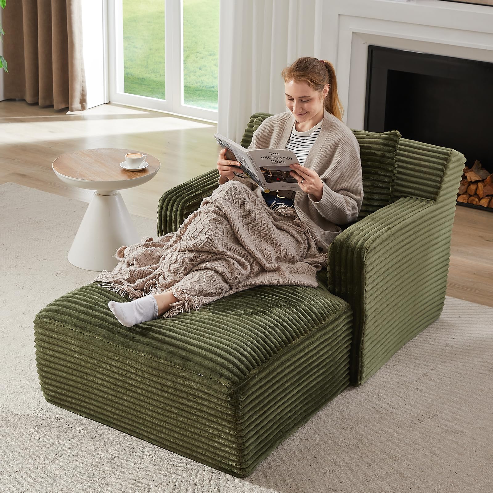 Chaise Lounge Chair Indoor Upholstered Corduroy Single Lounge Sofa Couch Comfy Reading Recliner Sleeper Sofa Chair Bed with
