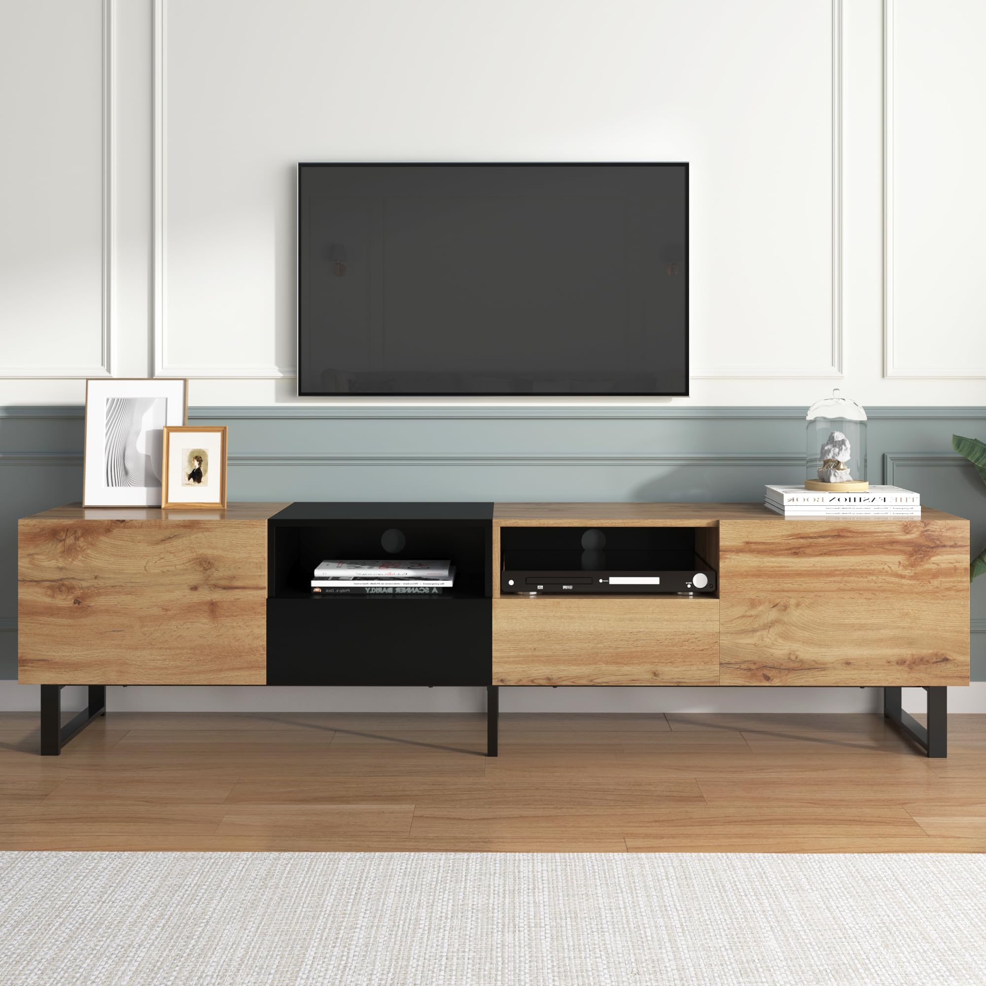 190cm TV Lowboard mit 2 Türen und 2 Schubladen, TV Schrank mit Stauraum, Moderner Fernsehschrank mit 2 Offene Fächer, Fernseher Schrank für Wohnzimmer, Holz und Schwarz