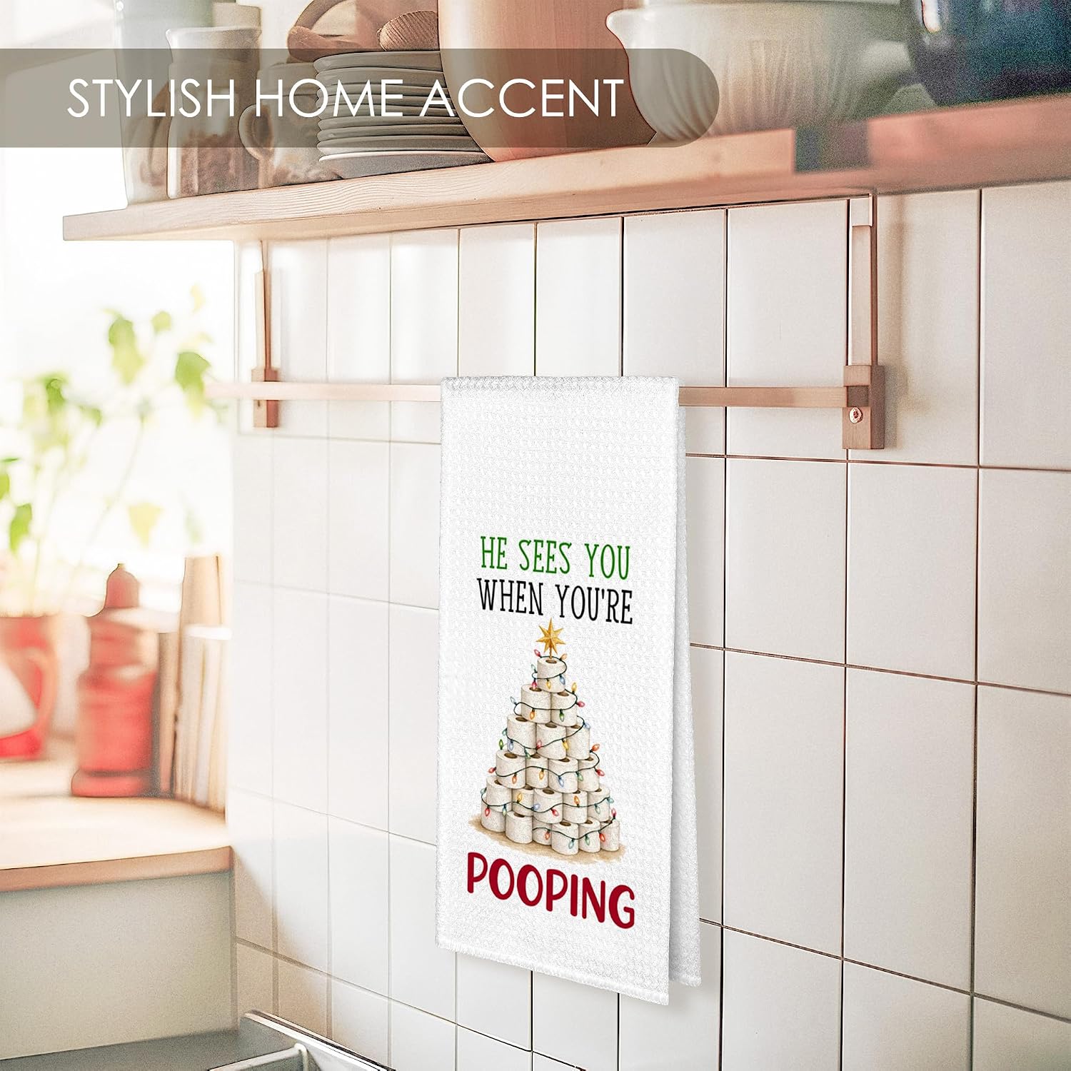 Funny He Sees You When You're Pooping Christmas Bathroom Towel 16x24 image 2