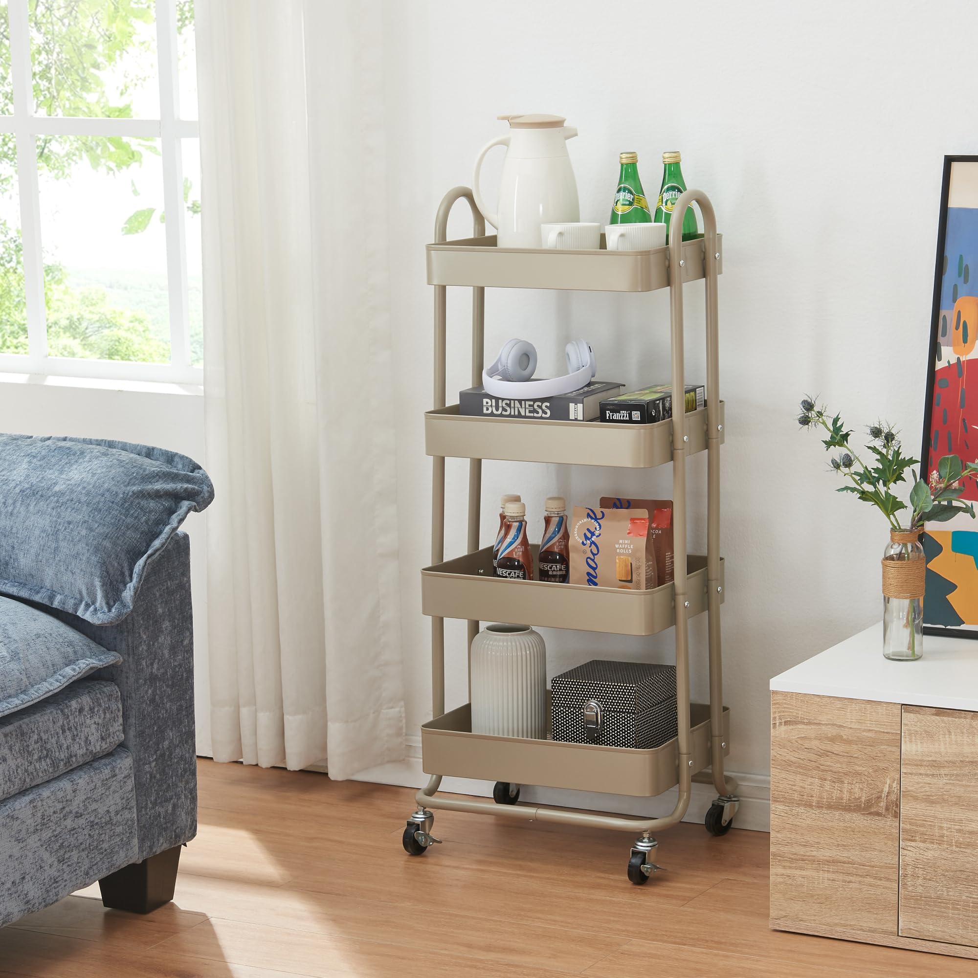 [en.casa] Chariot de Service Polyvalent Desserte Cuisine Salon Salle de Bains 4 Paniers Étagère de 4 Surfaces Meuble de Rangement Acier 104 x 46 x 35 cm Rouge
