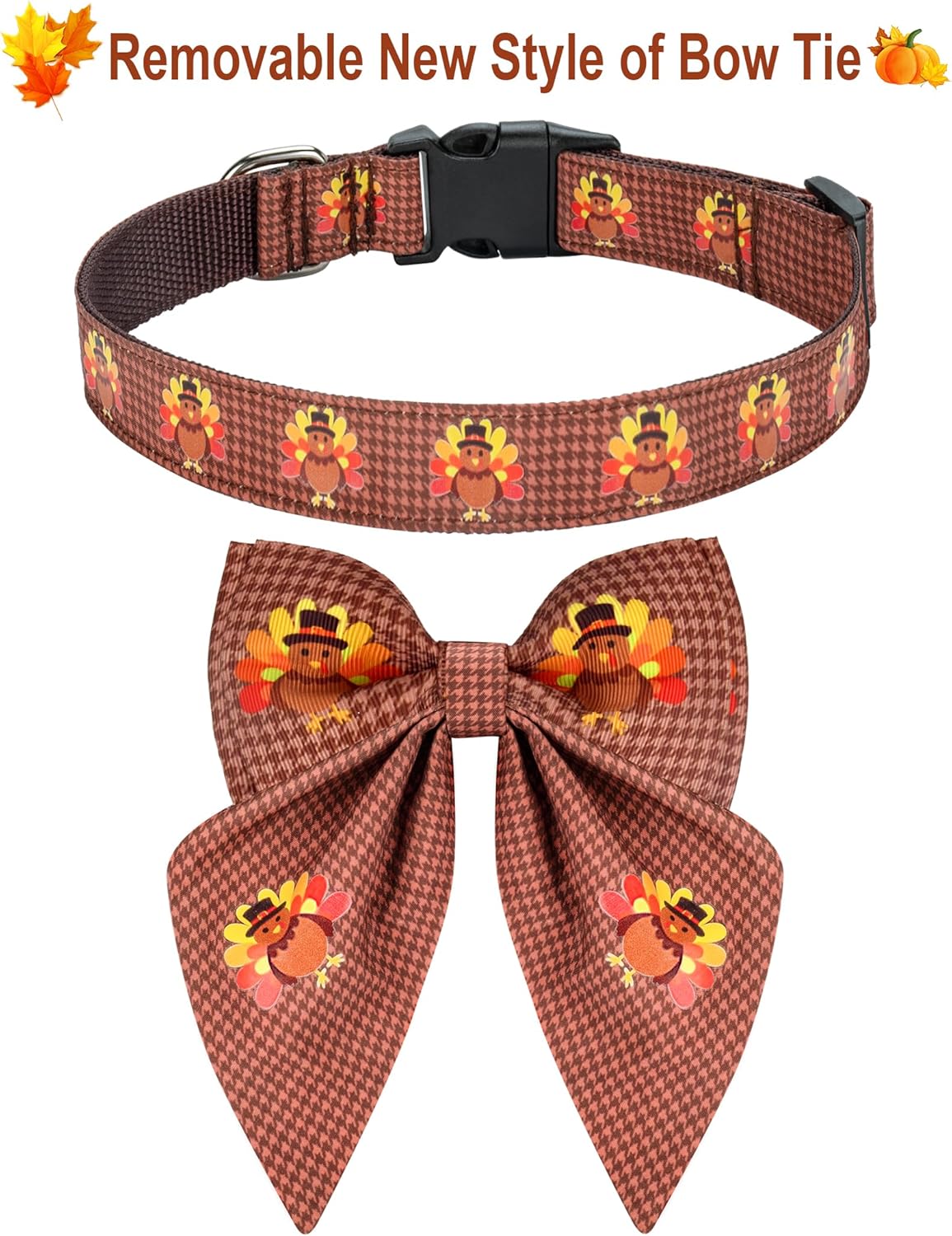 Malier Thanksgiving Dog Collar with Bow tie, Adjustable Bowtie Trukey Collars for Girl and Boy, Cute Holiday Puppy Collars for Small Medium Large Dogs Cats (Thanksgiving Day, Large)