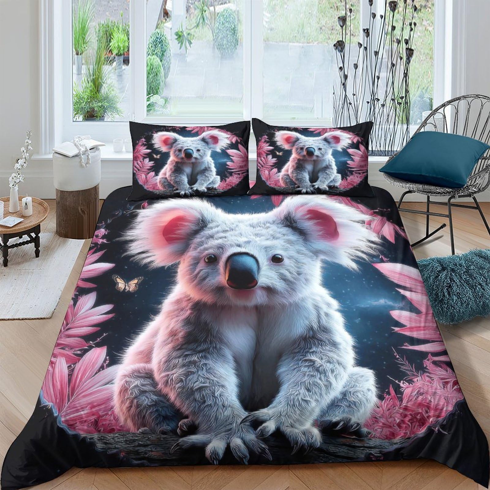Ctjqhvkz Style-2 3D Printed Koala Forest Fitted Sheet Microfiber Soft Black Pink Leaves Mattress Cover For Bedroom Guest Room Decor 116 Single（135X200cm）