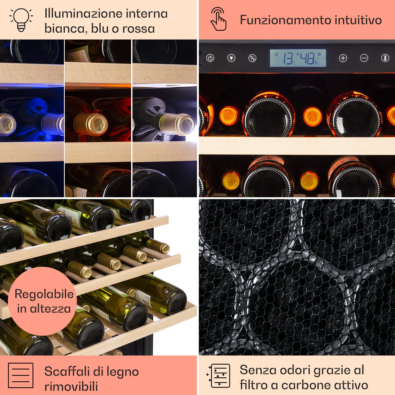Klarstein Cantinetta Vino Design da Incasso, Cantinetta Vino Refrigerata a Zona Singola per Vino Rosso, Bianco e Birra, Controlli Touch, Frigo Vino Cantinetta per Esterno/Interno, 433L, 165 Bottiglie