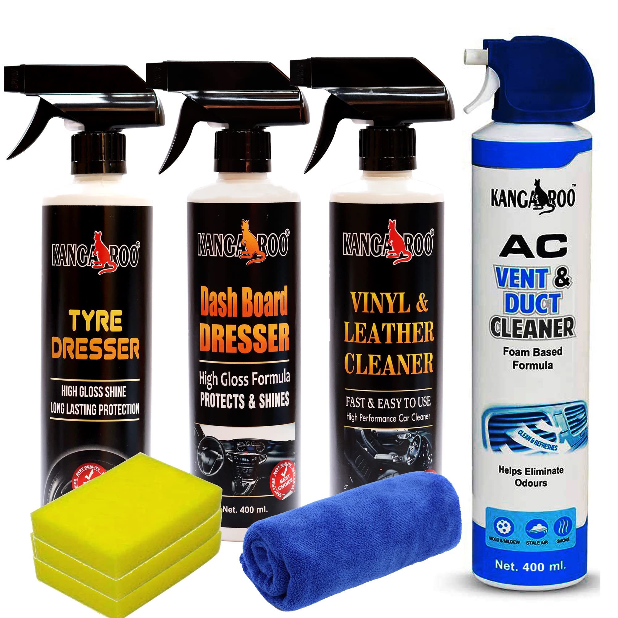 Kangaroo® Premium Car Care Kit Include (Dashboard Dresser + Tyre Dresser + Vinyl Leather Cleaner + AC Vent & Duct Cleaner) 400 ML Each Save Your TIME and Money to FIND Separately