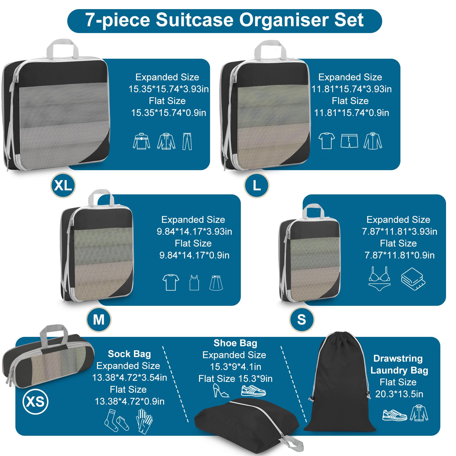 Cubi da viaggio compressibili per valigie a mano Organizer da viaggio per bagagli Sacchetti compressibili 7 pezzi Sacchetti compressibili espandibili per articoli da viaggio essenziali
