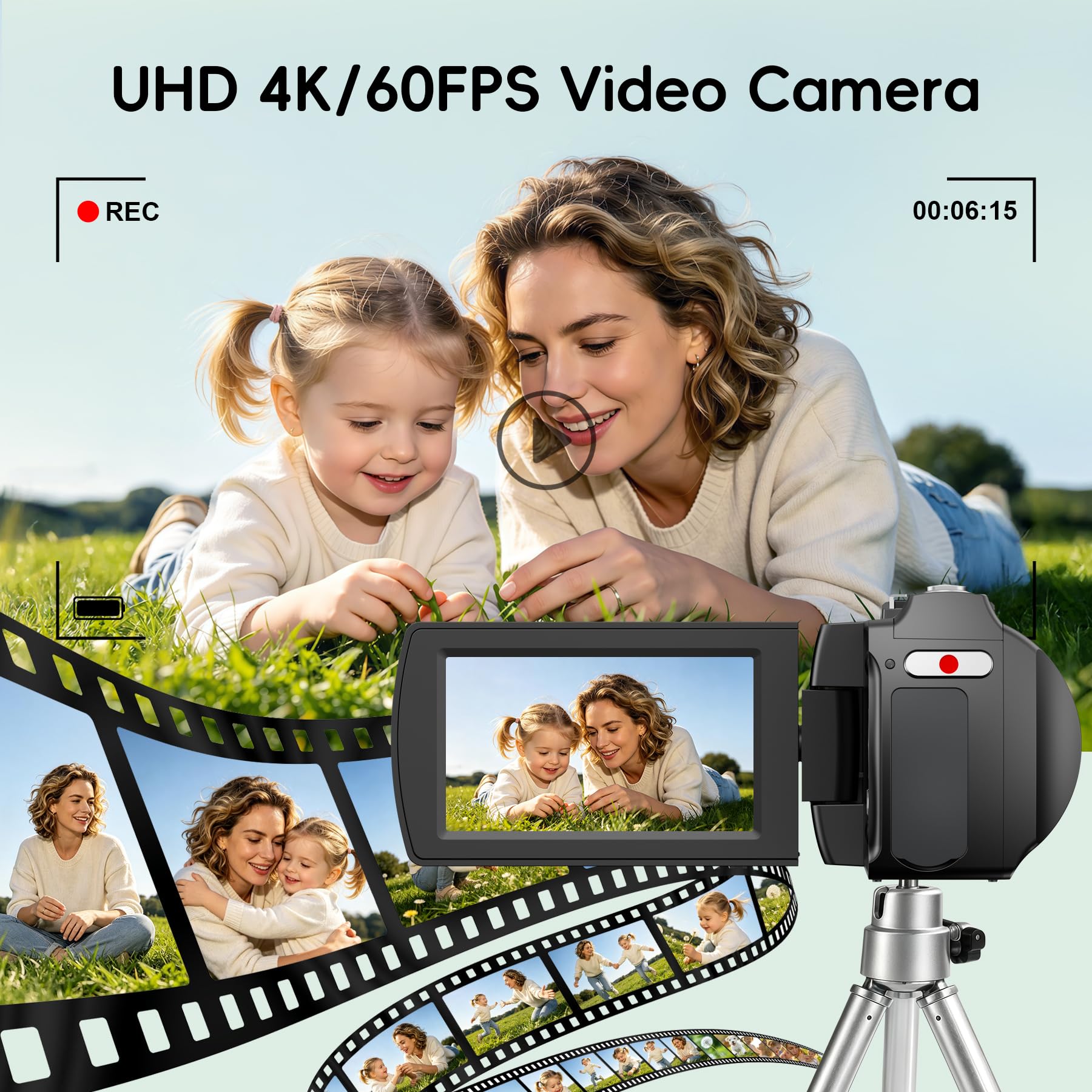Videocamera 4K 48MP, videocamera Vlogging per YouTube, 3 pollici 270 ° Flip Touchscreen, con microfono Lavalier wireless, scheda da 32 GB, treppiede, kit per principianti