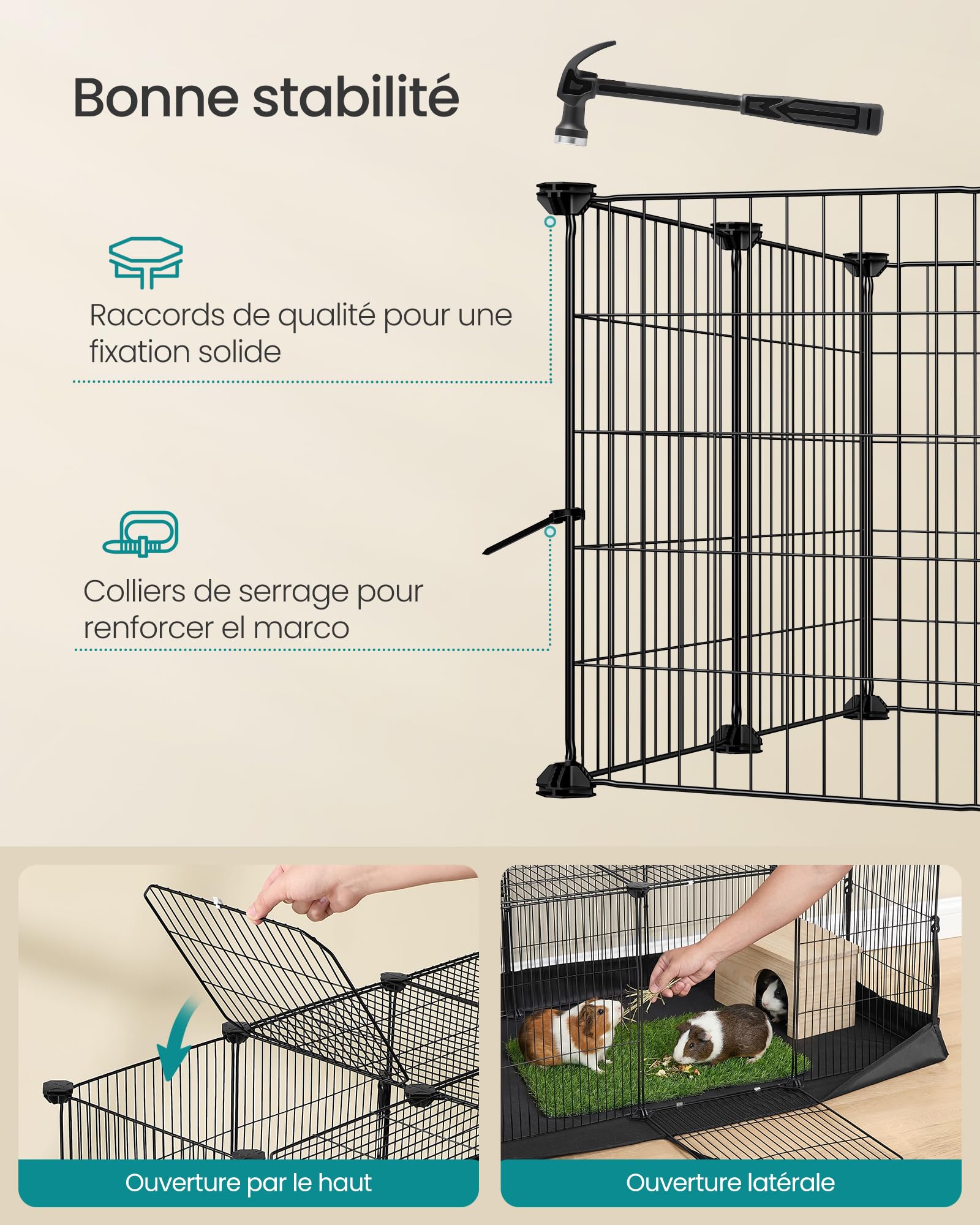 SONGMICS Enclos pour Petits Animaux, Parc Enclos, Tapis Imperméable, Double Porte, pour Lapins, Cochons d’Inde, 20 Panneaux, 123 x 63 x 41,5 cm, Noir d'encre LPI012BH01