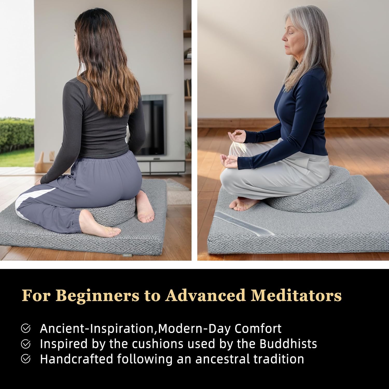 Meditation Zafu Cushion Set with Buckwheat Hulls & Memory Foam - Ergonomic Support for Yoga & Sitting - Removable Machine-Washable Luxury Velvet Cover - for Adults and Kids (Premium Grey)