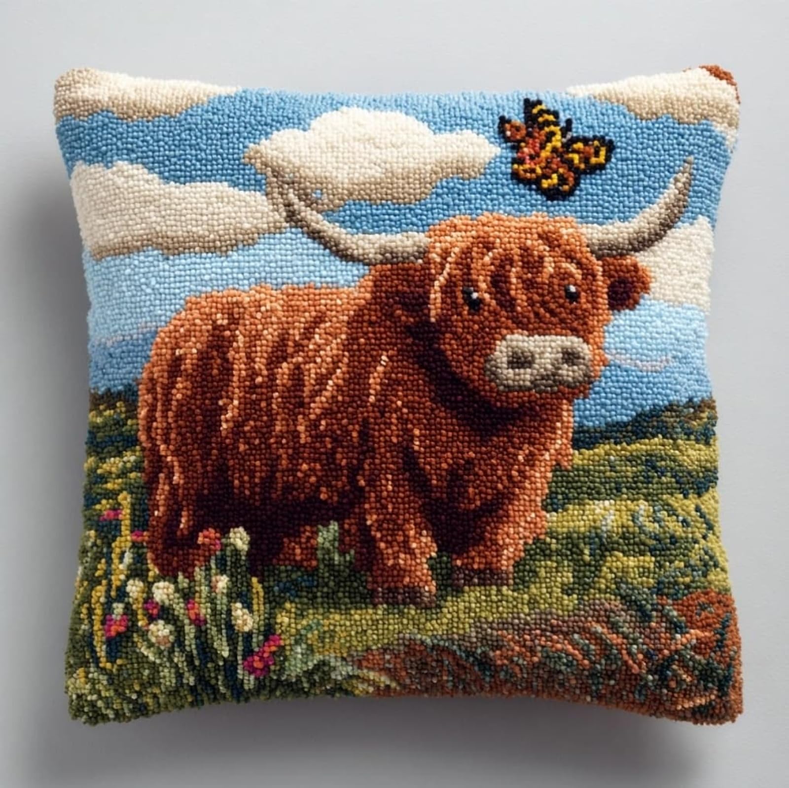 WallustrioaW DIY Latch Hook Pillow Kit,Highland Cattle and Butterflies