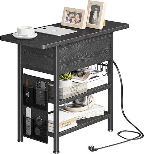 Miniatura 7 de Mesa auxiliar con estación de carga, mesita de noche abatible con puertos USB y tomas, mesa auxiliar de sofá con bolsa de tela y ganchos, mesita de