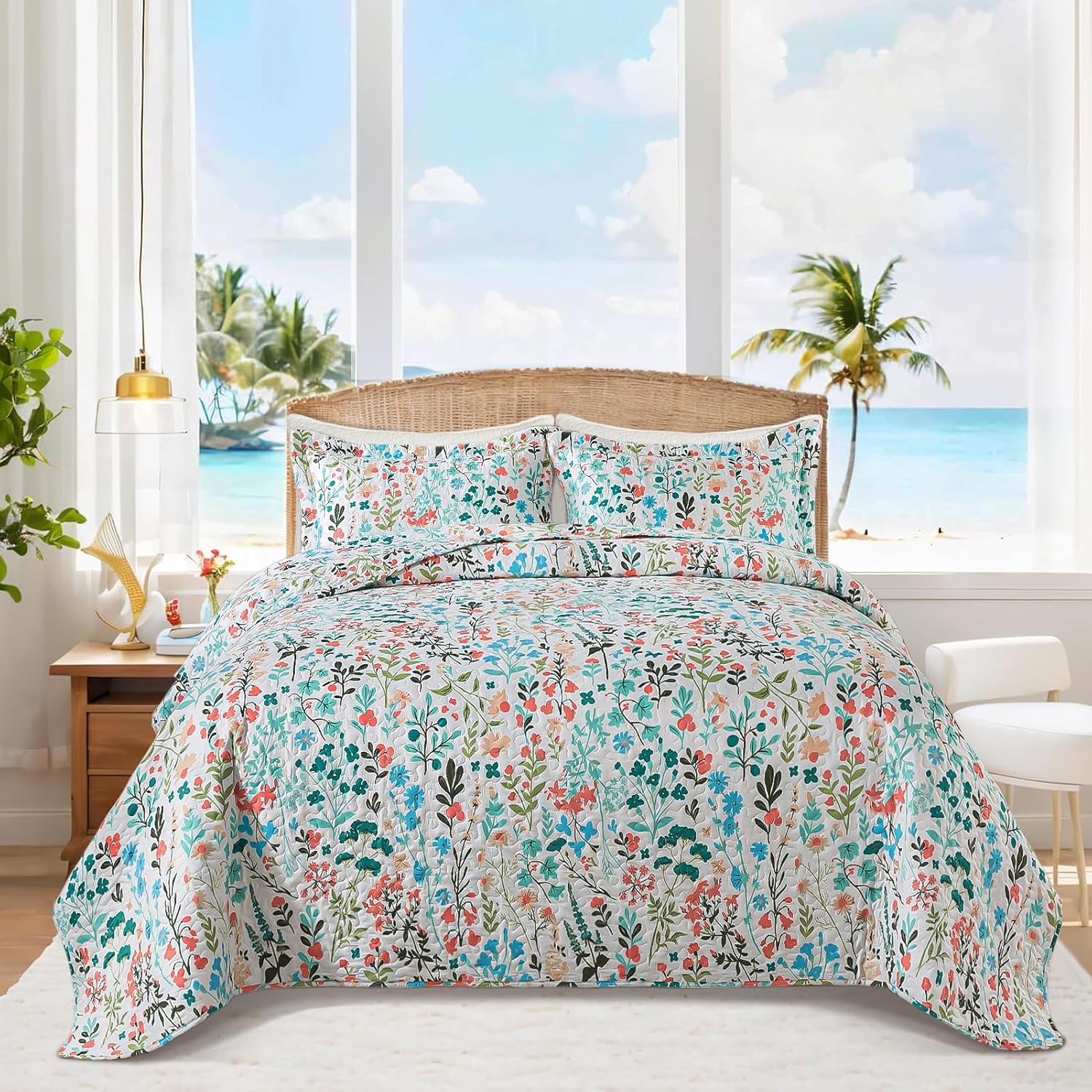 BEDIFANY King Size Quilt Bedding Set - Cotton Filling Lightweight Reversible Bedspread with Botanical Floral Pattern, Farmhouse Bed Coverlet for All Seasons, 3-Piece Set (98x106 Inches)