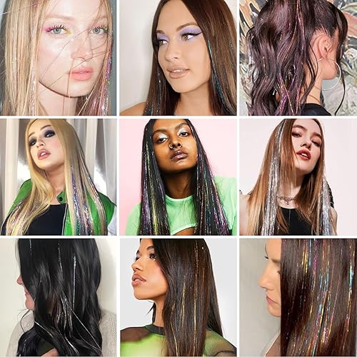 Miniatura 5 de Juego de 12 piezas de oropel para el cabello, accesorios para el cabello con clip de arco iris de 20.5 pulgadas, kit de oropel de hada para mujeres