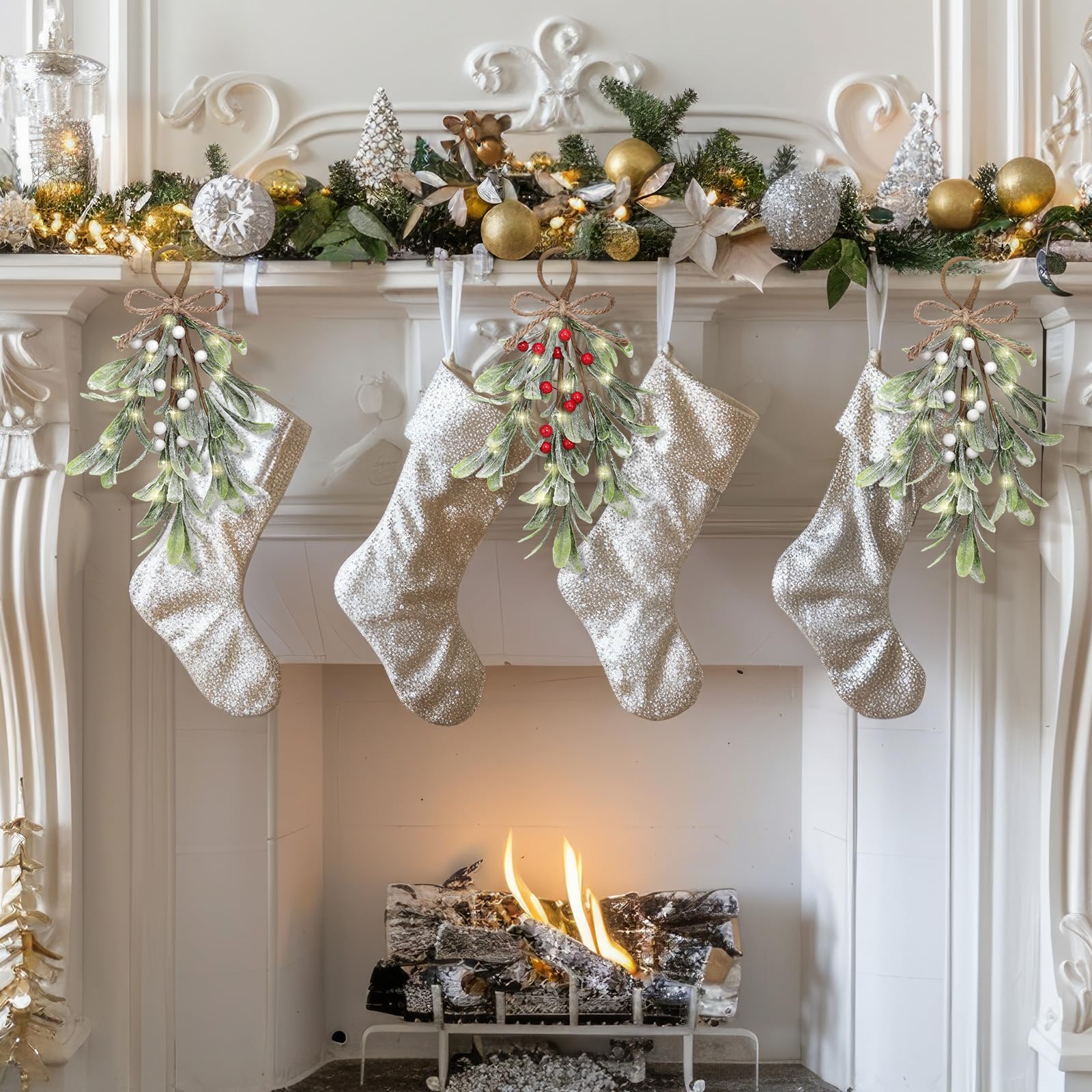 Dilunave Künstlicher Mistelzweig Pick, Büffel, karierte Schleife, weiße Beeren, Mistelzweig, küssende Kugel, Ornament, hängende Weihnachtsbaumschmuck für Weihnachtsfeiern, Dekorationen, Rot, Weiß, 2