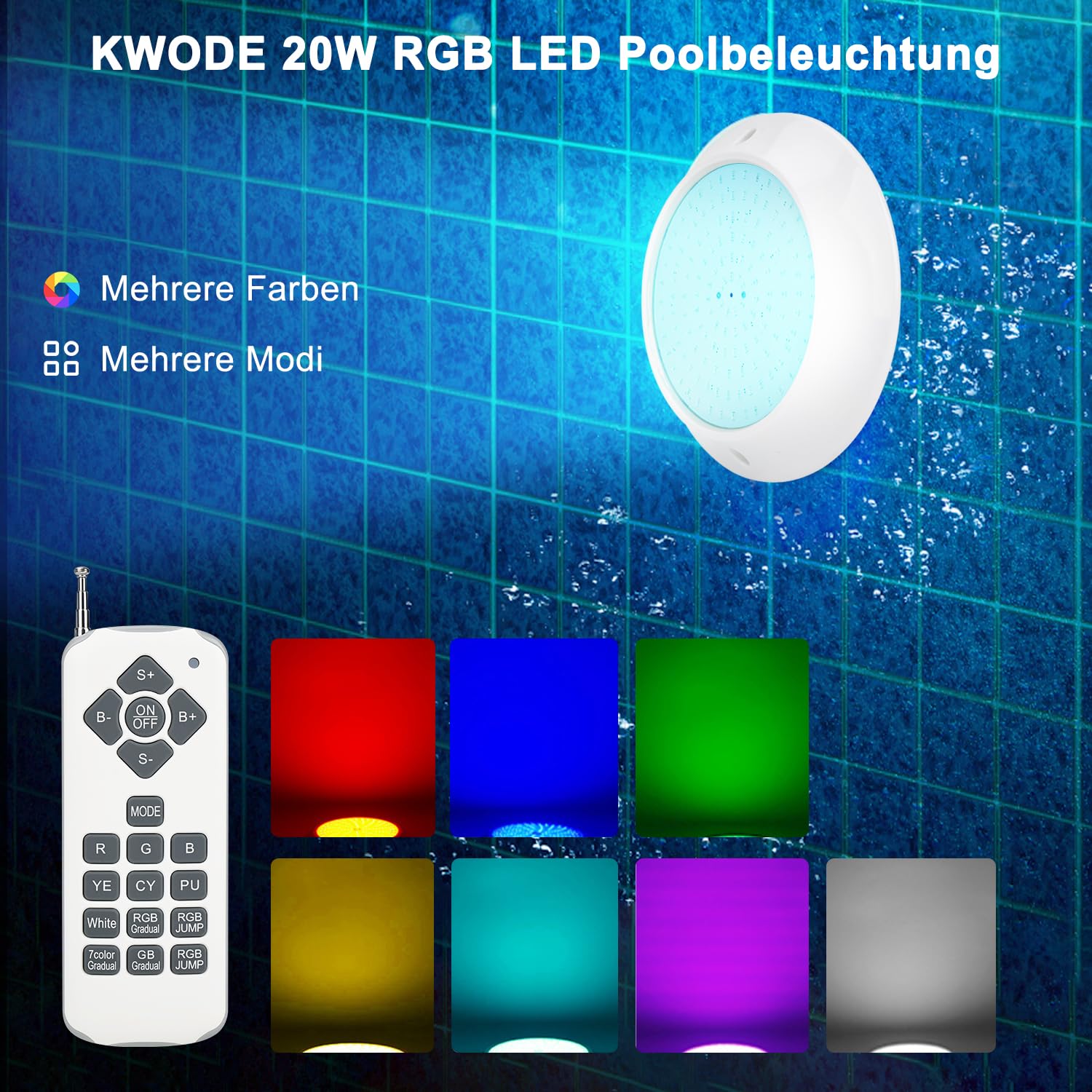 20W RGB LED Poolbeleuchtung Wasserdicht IP68 Unterwasserscheinwerfer，Oberflächenmontage, 12V AC/DC Schwimmbad Lampe mit Fernbedienung，Für Schwimmbad/Landschaft/Brunnen Beleuchtung