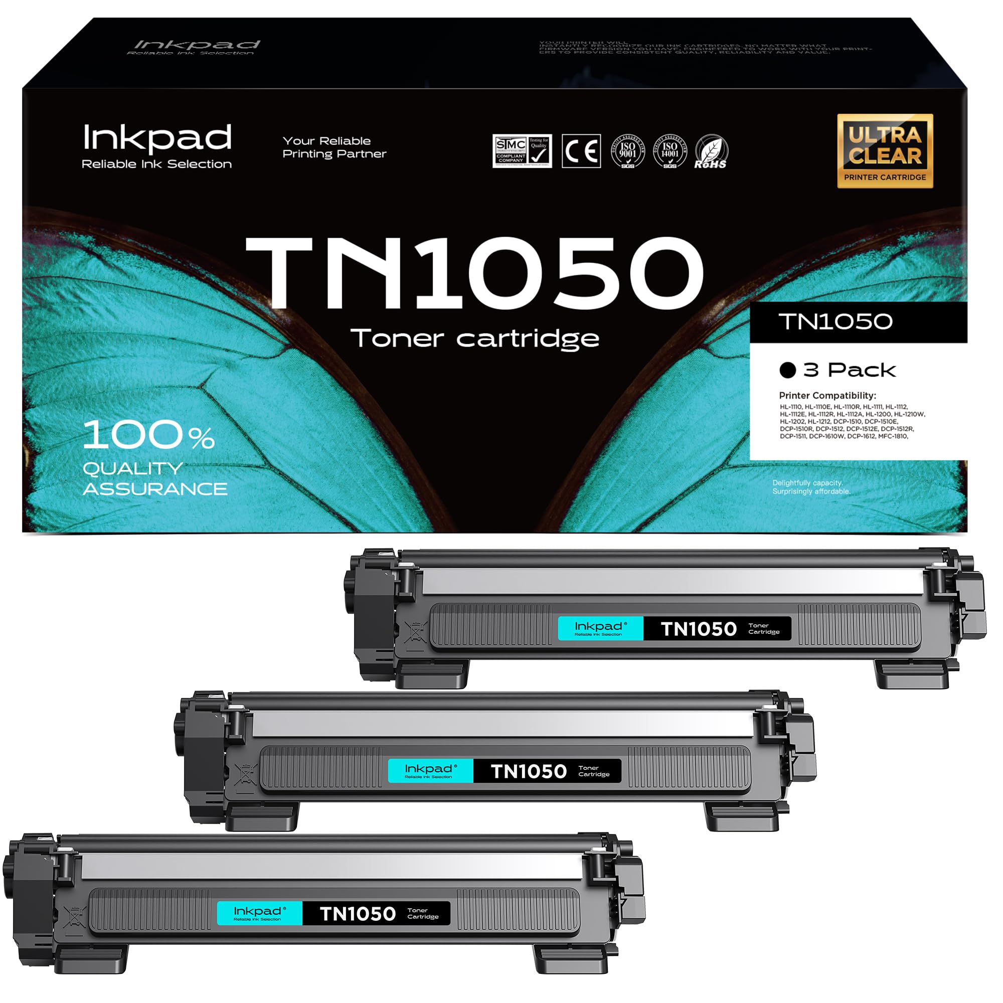 iNKPAD TN1050 TN-1050 Cartucce Toner Compatibili per Stampanti Brother DCP-1612W MFC-1910W HL-1110 HL-1212W DCP-1610W HL-1210W DCP-1512 HL-1112 MFC-1810 DCP-1510 (3 Nero)