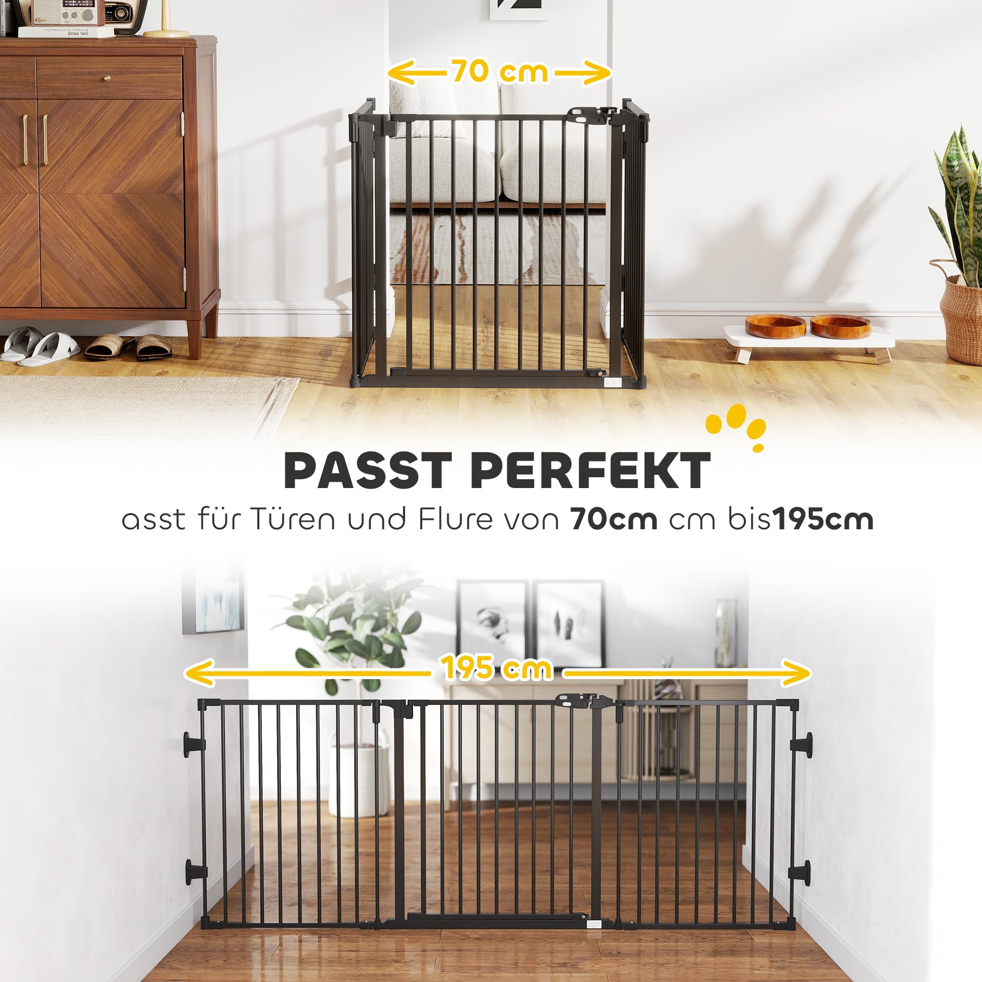 PawHut Barierka dla psa wolnostojąca regulowana 202,5 x 76 cm Czarna | Krata ochronna, krata dla psa składana, krata do drzwi, barierka dla psa, do schodów, drzwi, kuchni, korytarza, 3 panele