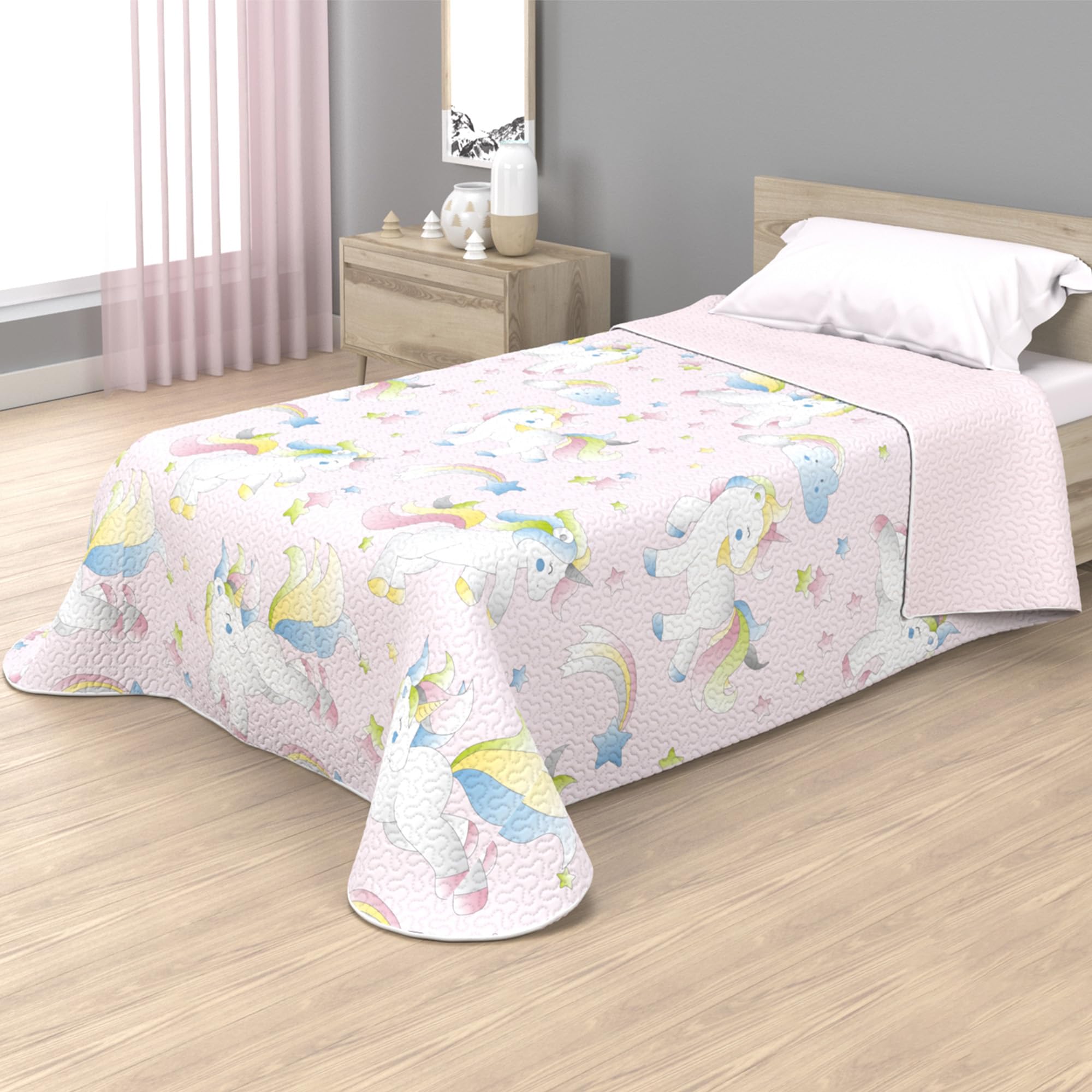 various - Colcha Infantil Fina de Verano y Primavera Sin Cojines. Ligera Colcha Estampada cubrecama de Microfibra.Colcha 180 x 260 cm para Cama Individual de 90 cm Diseño Unicornio Stars