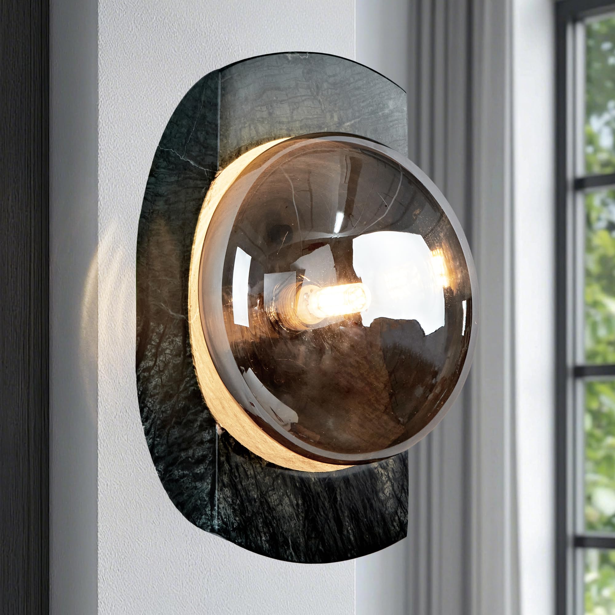 Photo 1 of 11" Green Marble Wall Lamp, Crescent Wall Mounted Light with Silver Gray Clear Glass Shade, Sconce for Entryway, Hallway, Bedroom, Living Room, Corridor, Stairs