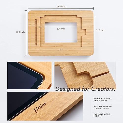 Miniatura 2 de ELETIUO Soporte para iPad de madera de bambú mejorado con ranura para lápiz y cable de carga, escritorio ajustable multiángulo, soporte portátil