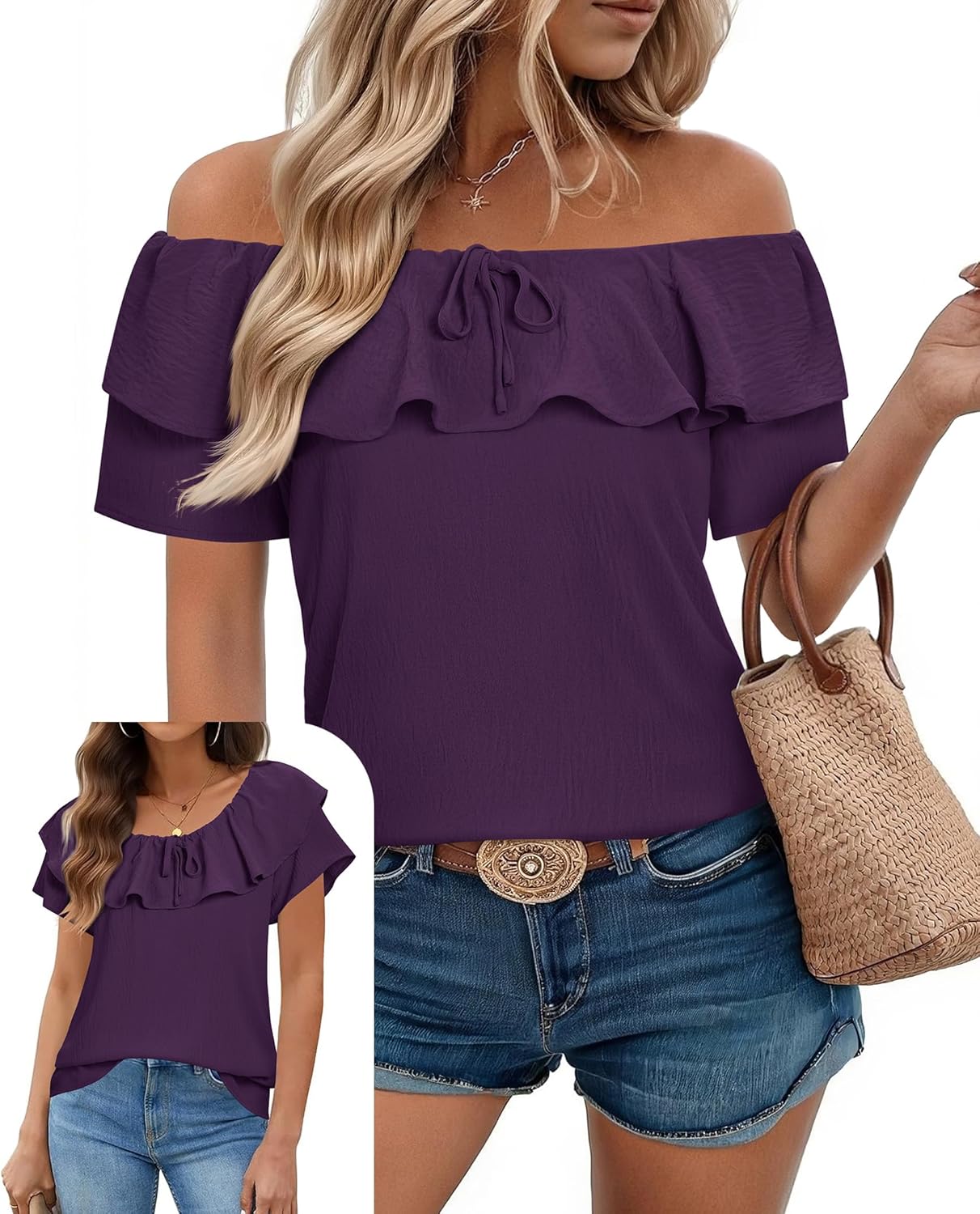 Uhiger Off The Shoulder Tops for Women Boat Neck Blouses Casual Ruffle Short Sleeve Shirts Chiffon Summer Vacation Outfits