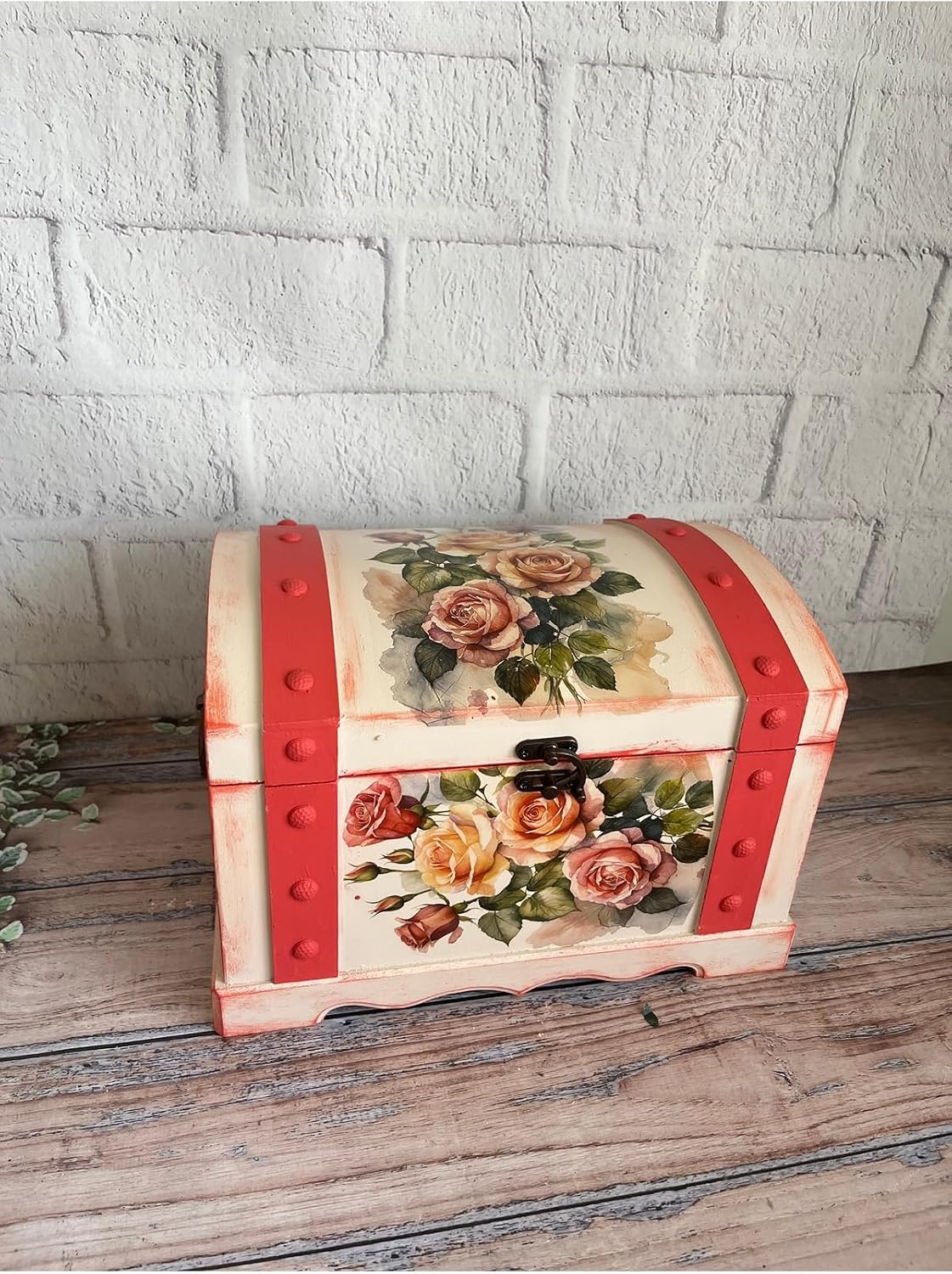 SODEF Rose Pattern Decorative Wooden Chest Jewelry and Dowry Box Hand-Painted 9.1 x 11 in - Pink