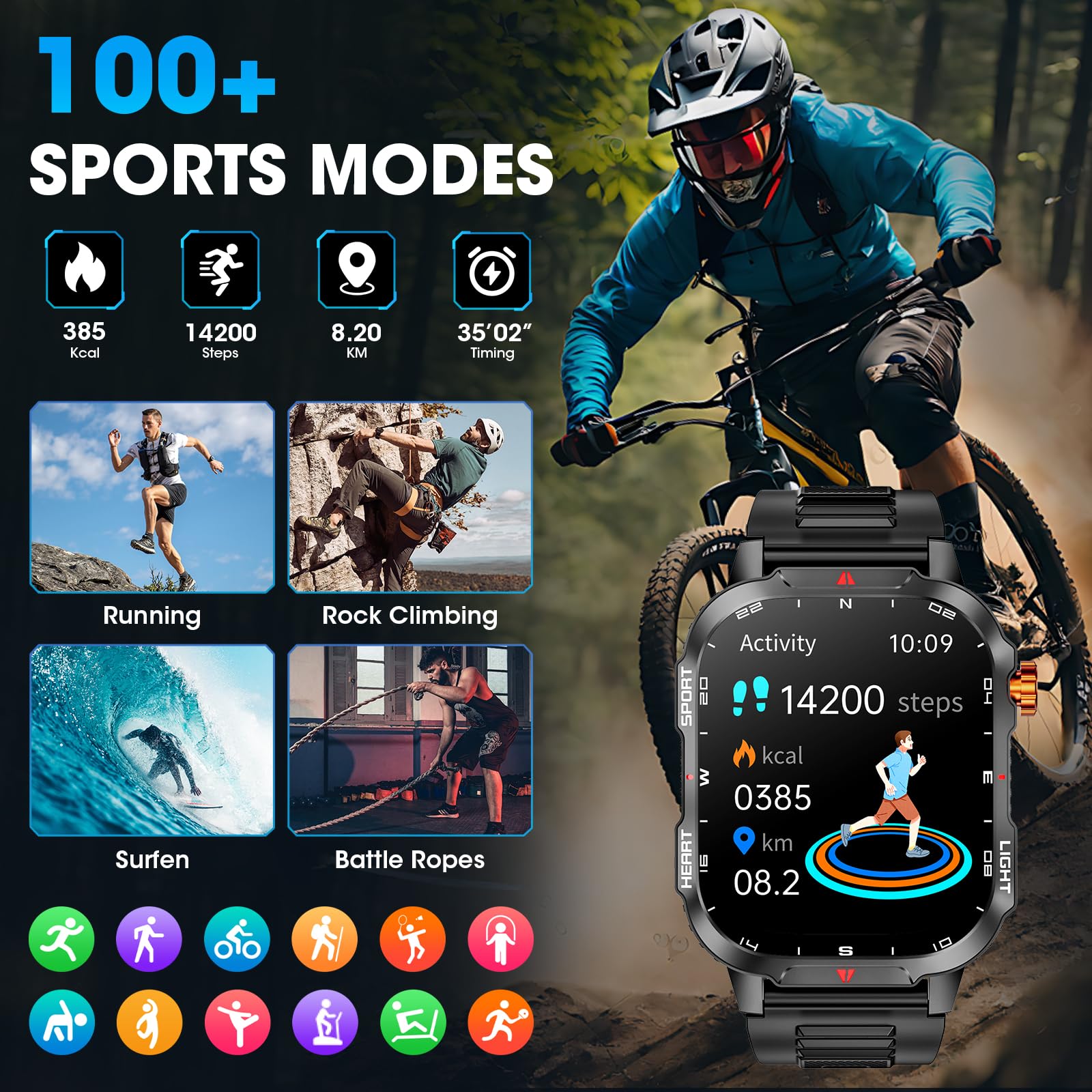 Military Smart Watches for Men-30 Days Battery/Flashlight/Compass,2.01 inch HD Display,IP68 Waterproof Fitness Tracker with Heart Rate,Sleep Monitor,100+ Sport Modes Smartwatch for Android & iPhone