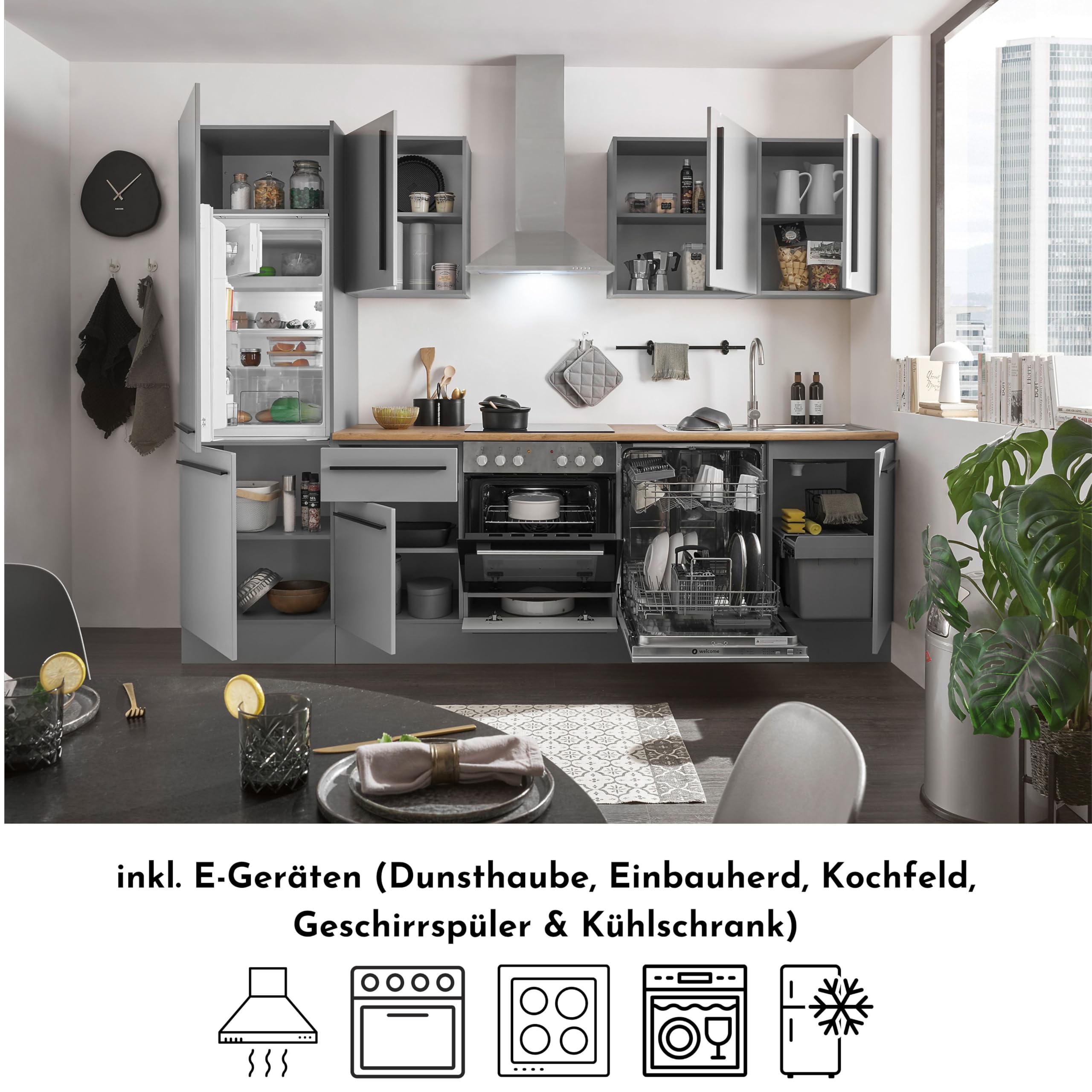 Denver Moderne Küchenzeile mit Elektrogeräten in Grau, Lancelot Eiche Optik - Geräumige Einbauküche mit viel Stauraum - 280 x 211 x 60 cm (B/H/T)