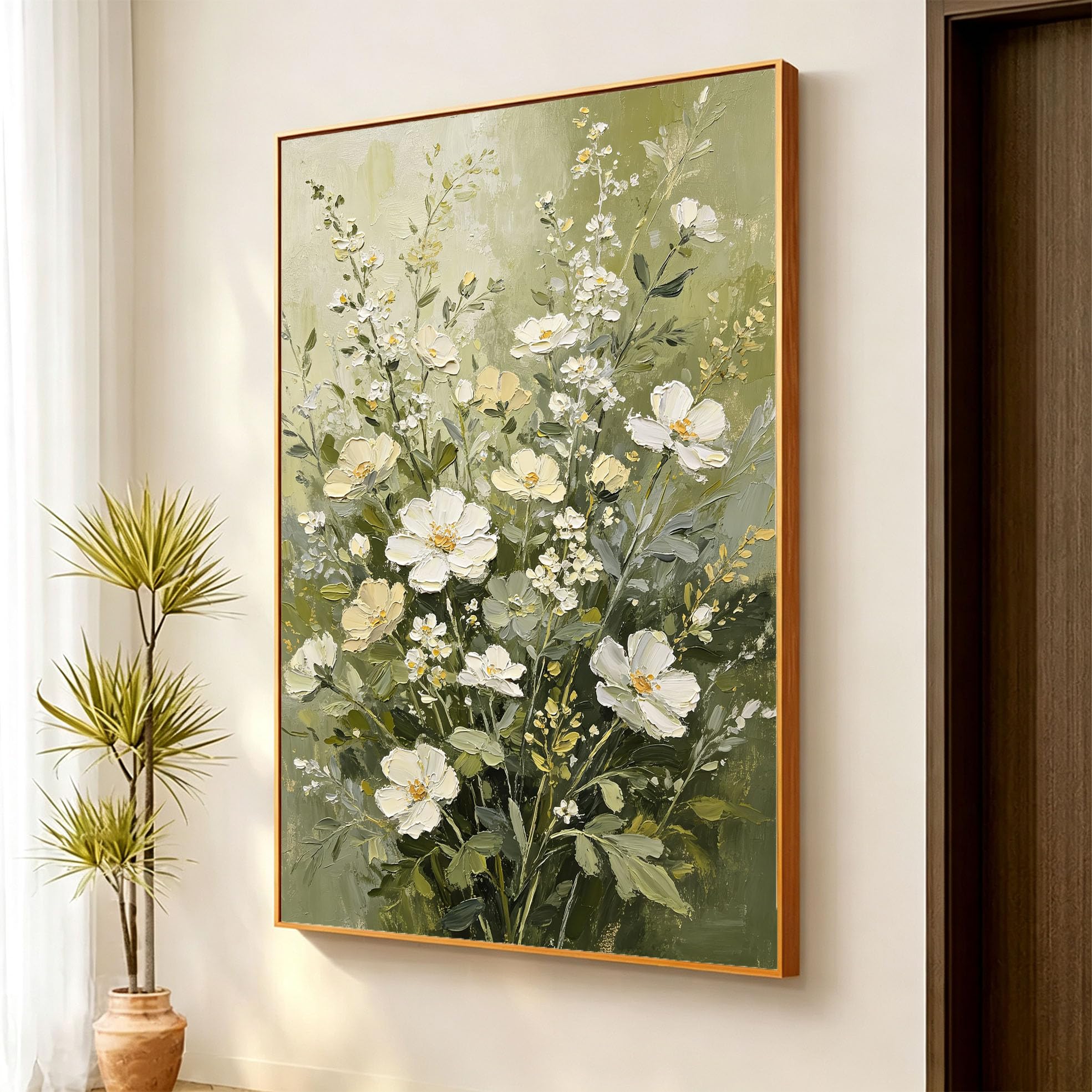 100% Handgemaltes Blumen Ölgemälde, Weiße Blume, Leinwandbild, Rahmenlos, Ästhetisches Botanisches Kunstwerk Für Wohnzimmerdekorationen, 40X60Cm (16X24 Zoll)
