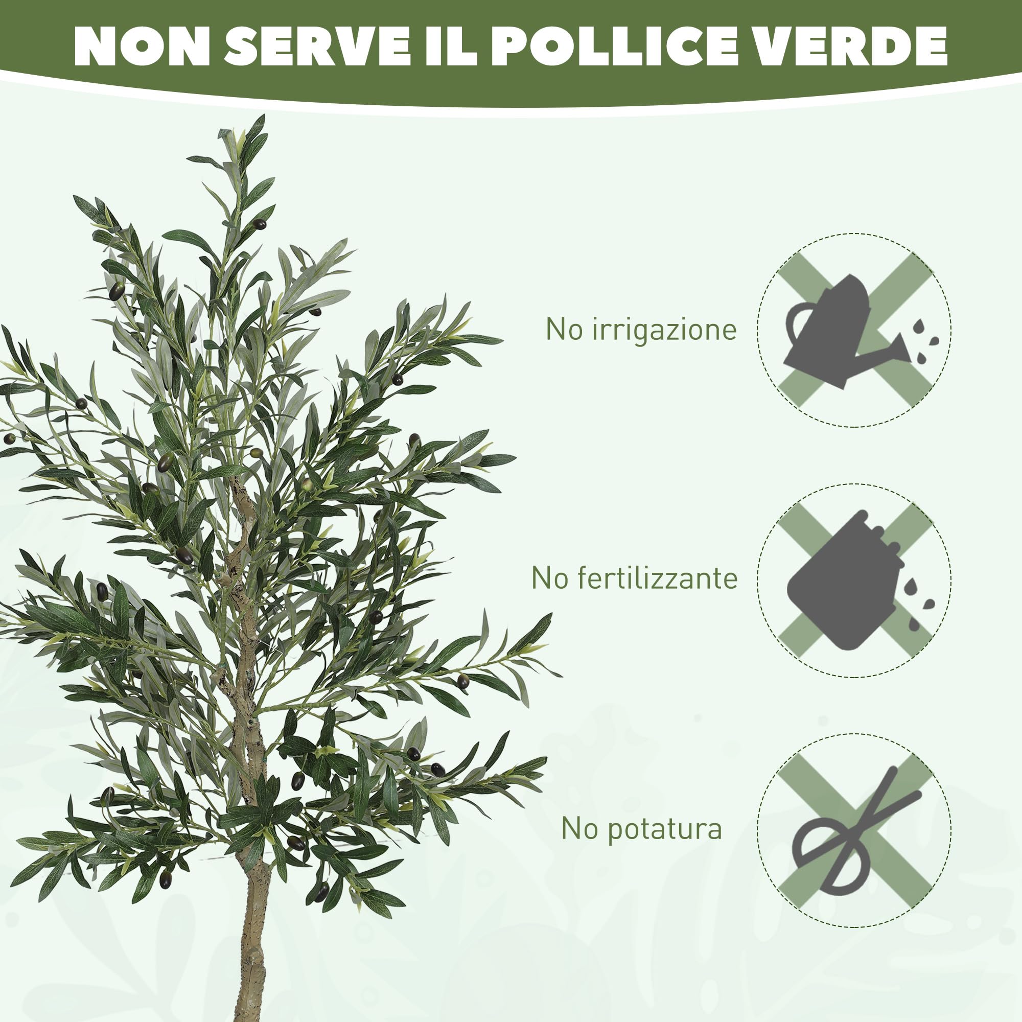 HOMCOM Pianta Artificiale di Olivo Alta 180 cm, Albero Finto da Interno | 900 Foglie, 40 Olive, Vaso Incluso, Alberello Decorativo, Salotto Ufficio Ingresso
