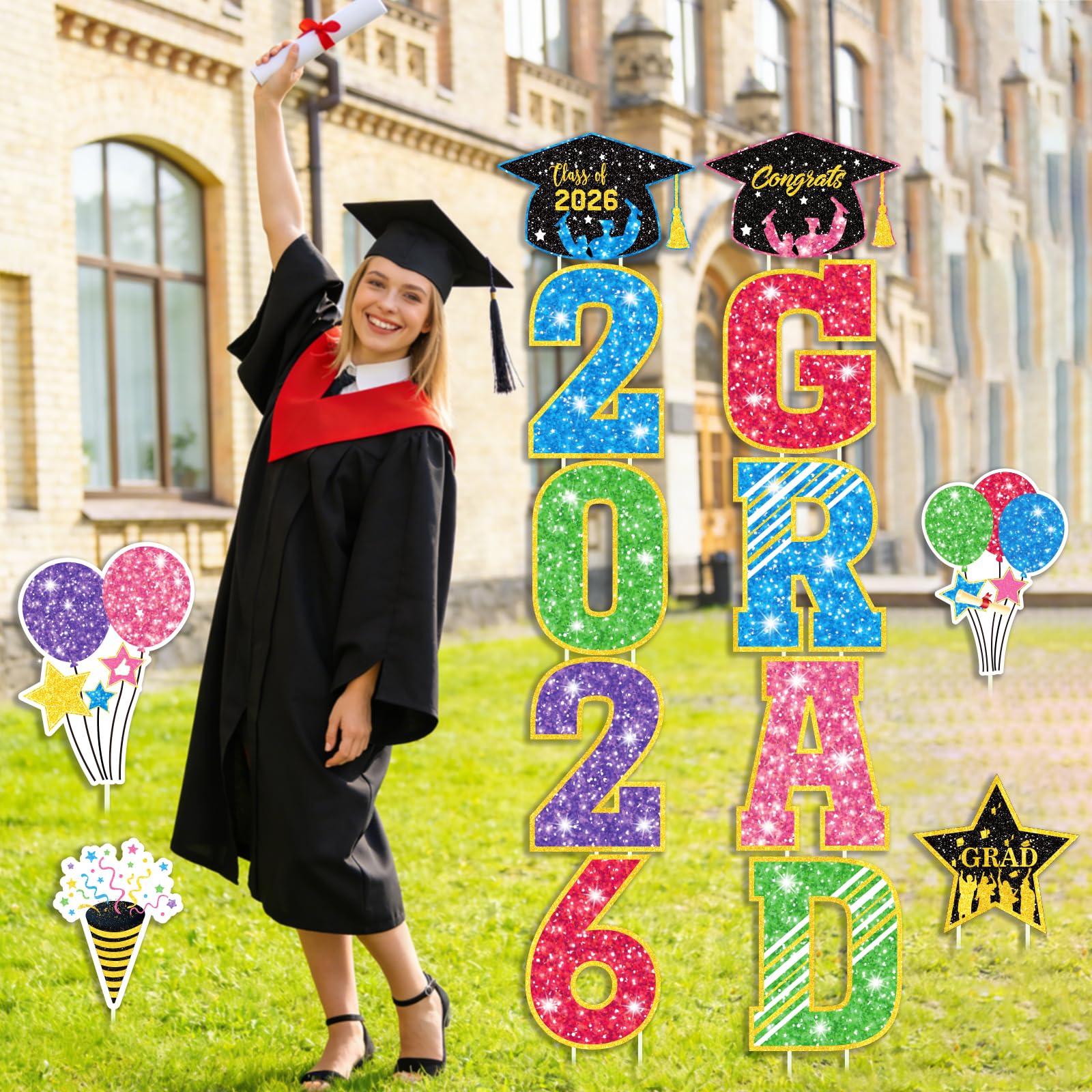 Photo 1 of Up to 70", 14PCS Graduation Yard Signs Class of 2026, PP Safe Material Waterproof, Vibrant Fade-Resistant Outdoor Graduation Decoration Lawn Signs with Sturdy Stakes for College Senior School Party, Colorful