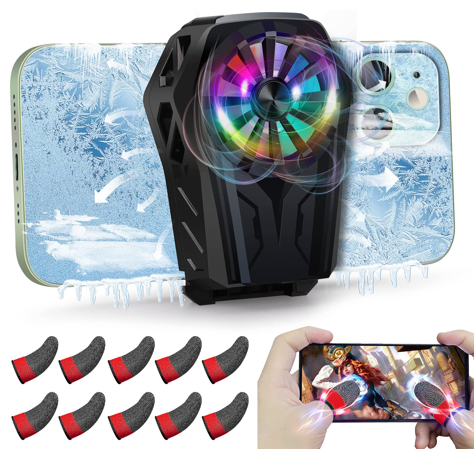 Phone Cooler Semiconductor Heatsink for 4-7.5" Android/iPhone Phone Fast Cooling with Cooling Fan and game fingertips for Phone Cooling, Easy Gaming, Portable Phone Cooling - USB Type-C Power Cable