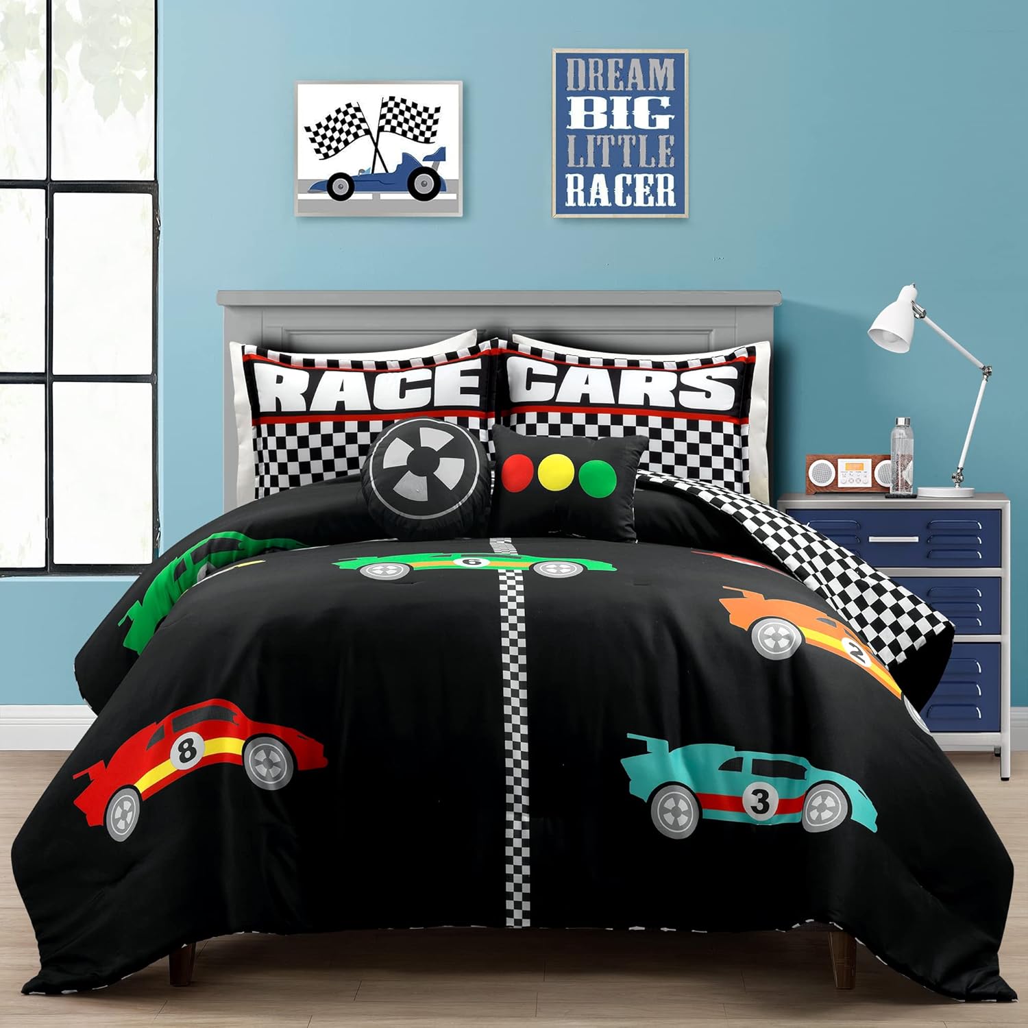 Lush Decor Racing Cars – Juego de edredón reversible de 5 piezas, tamaño matrimonialqueen, color negro