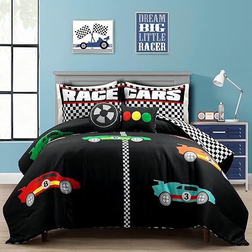 Lush Decor Racing Cars - Juego de edredón reversible de 5 piezas, tamaño matrimonialqueen, color negro