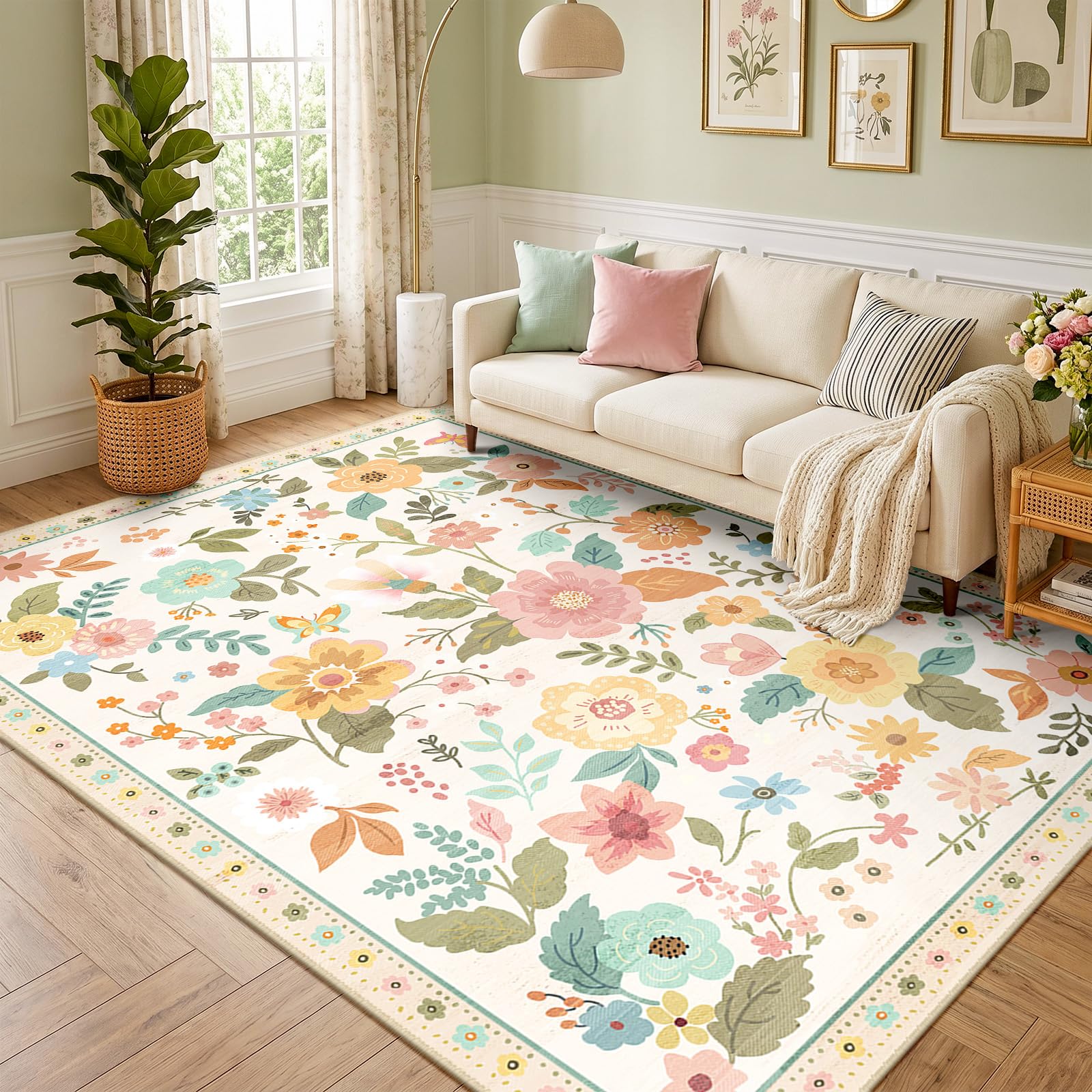 DEFYNEE Machine Washable Rugs Living Room, 180×270cm Floral Rug, Non-Slip Low Pile Boho Vintage Floral Carpet with Printed Design for Kids Room, Bedroom, Kitchen, Entryway, Lounge, Beige/White/Orange — image 1