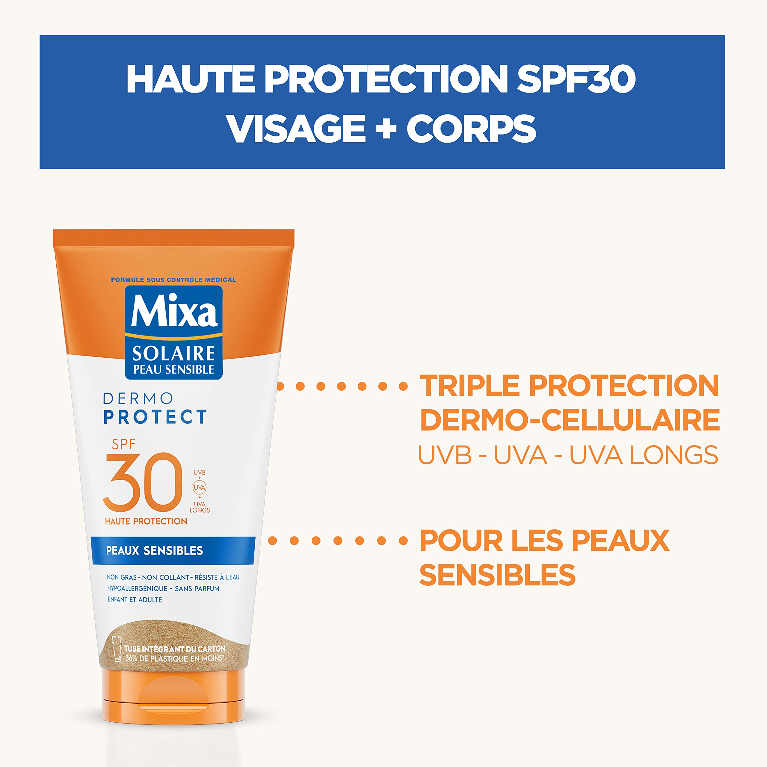 Mixa Solaire Piel Sensible - Leche Solar de Alta Protección FPS 30 UVA, UVA largo, UVB - Niños y Adultos - Resistente al Agua - Hipoalergénico, Sin Perfume - 175 ml