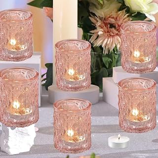 6 Pcs Glass Tea Light Candle Holders, Pink Votive Candle Holders Tealight Holders for Wedding Table Centerpiece, Parties Home Decoration (6, Pink)