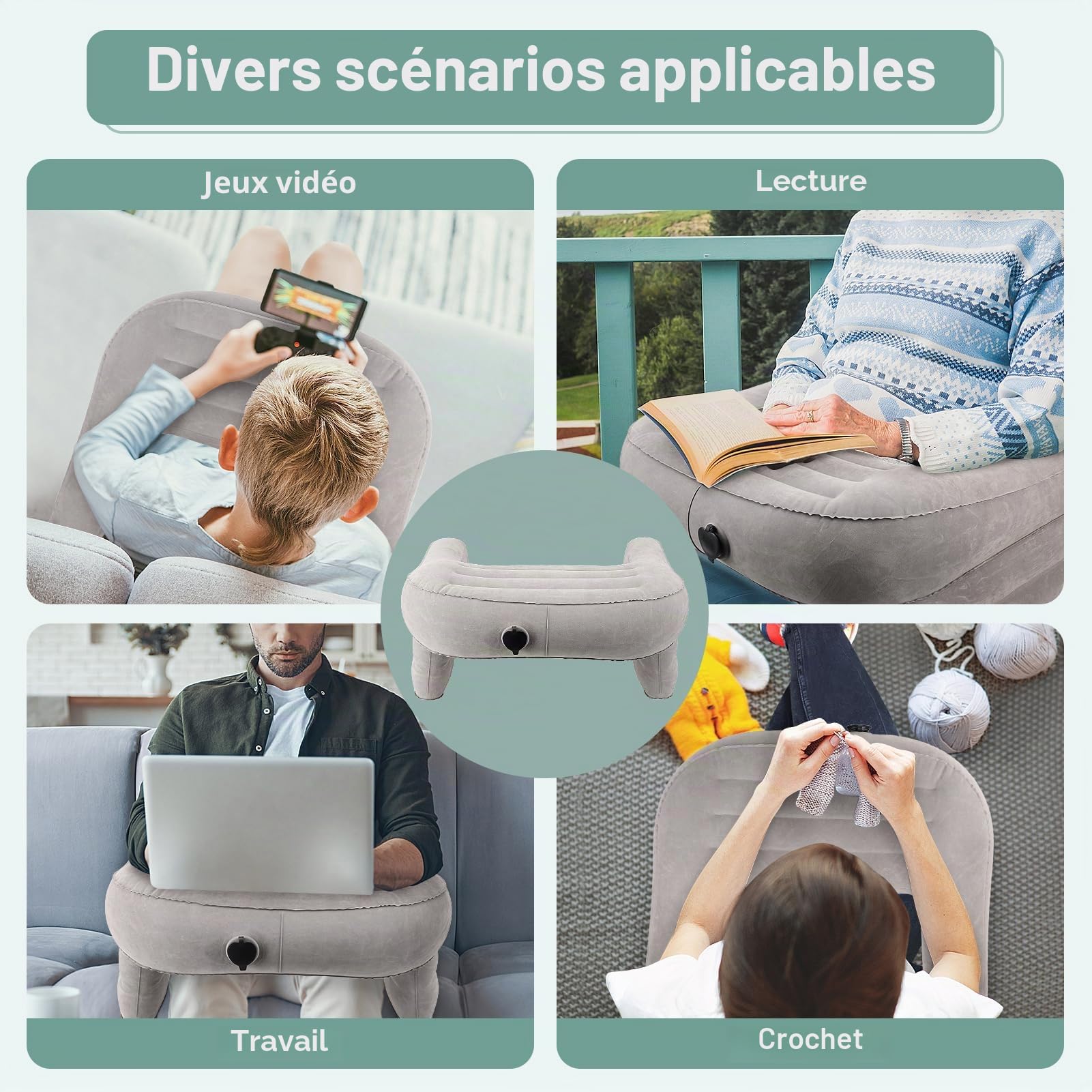 Wakects Oreiller de Lecture Gonflable, Oreiller de Bureau en PVC, Grand Oreiller de Jeu pour Genoux, Floquée, Oreiller Doux pour Accoudoir D'ordinateur Portable avec 3 Trous