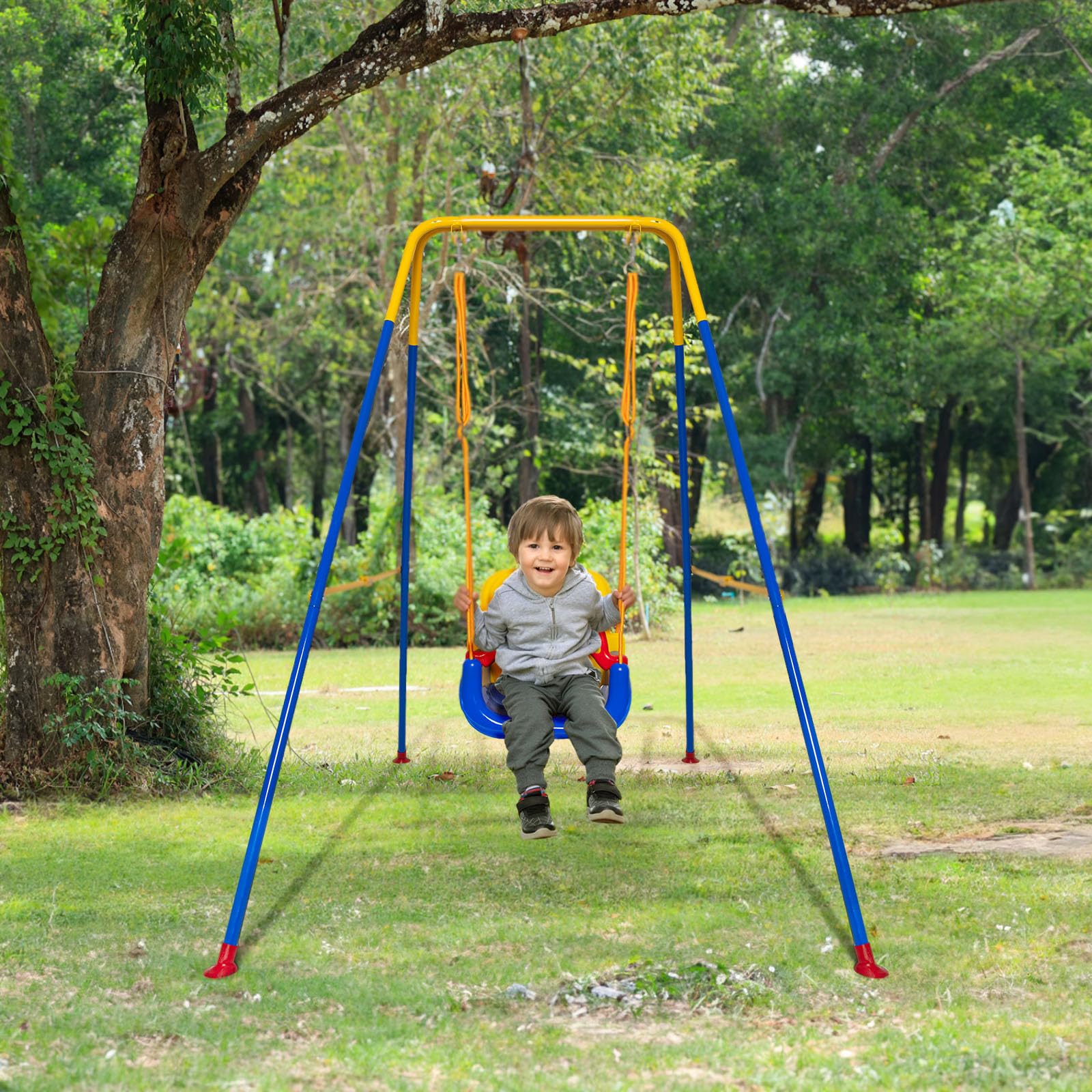 3-in-1 Toddler Swing Set, Indoor/Outdoor Baby Swing with Foldable Metal Stand, Safe Anti-Flip Baby Swing Seat, Easy to Assemble and Store, Ideal for Infants, Toddlers, and Kids