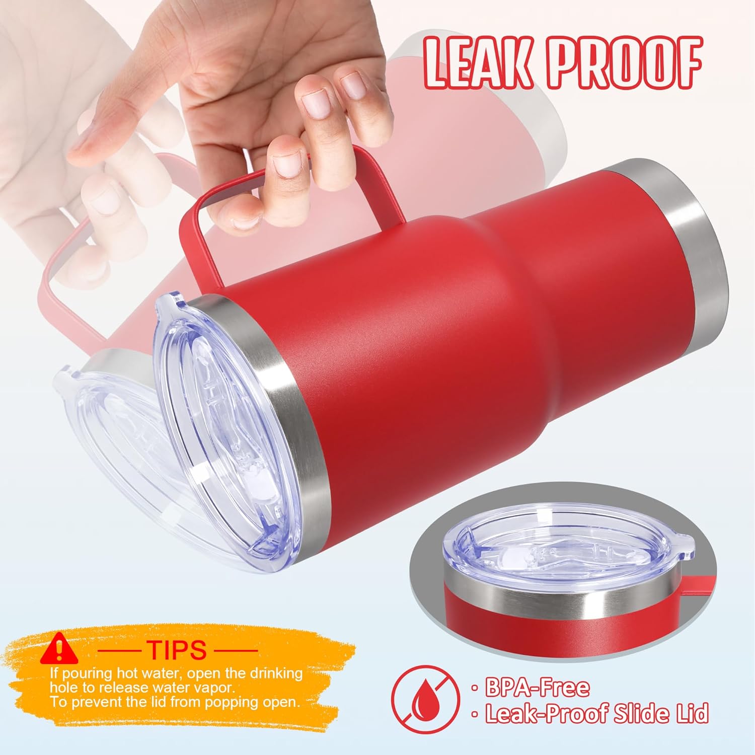 20 oz Tumbler with Handle and Lid, Stainless Steel Tumbler Insulated Travel Coffee Mug, Spill Proof Double Wall Vacuum Tumbler Cup Keep Drink Hot & Cold, Red, 1 Pack - Image 7