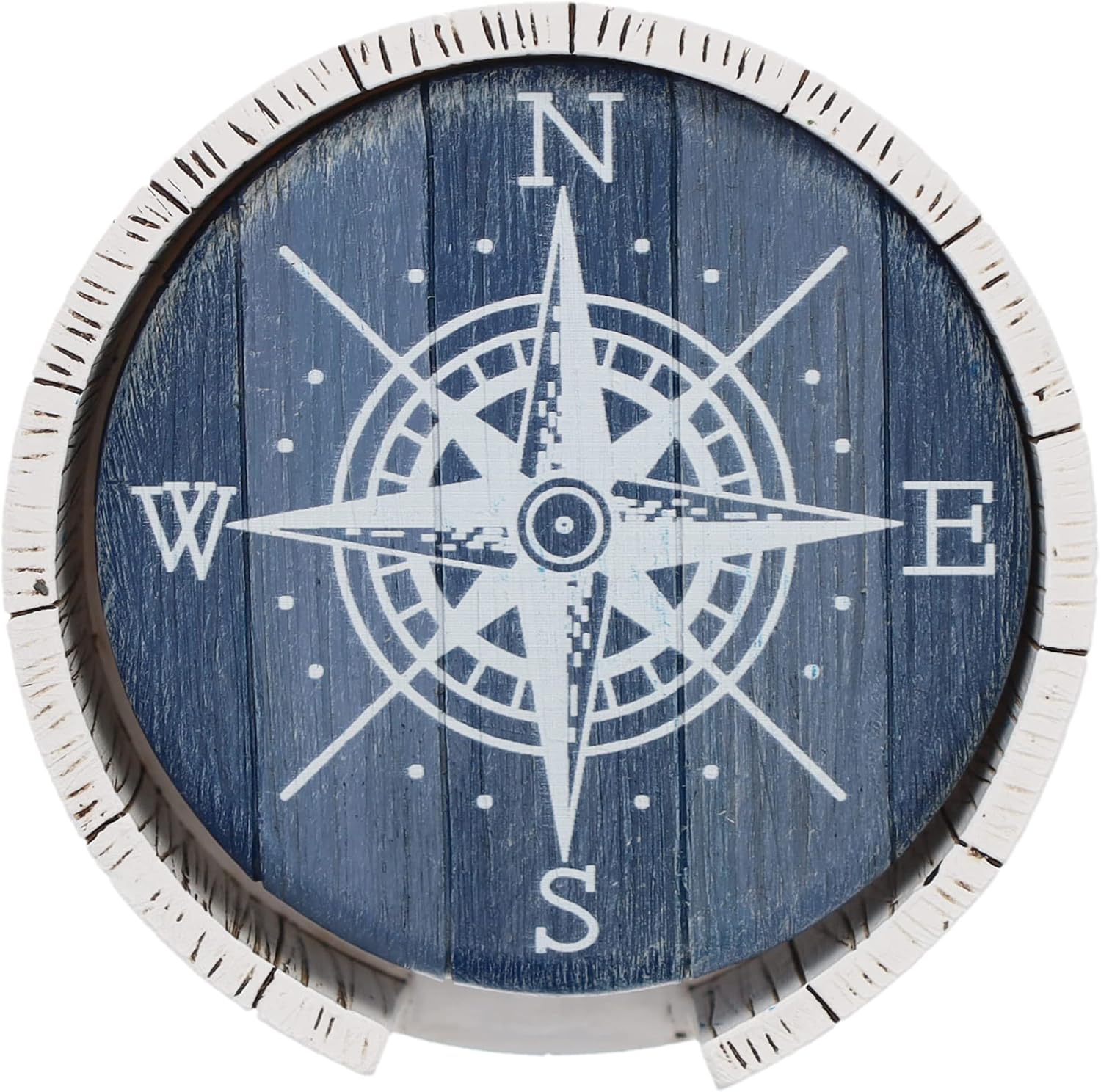 Compass Rose Coaster Set - Nautical Ocean Beach Boat Coastal Decor - Rustic Weathered Blue/White Finish